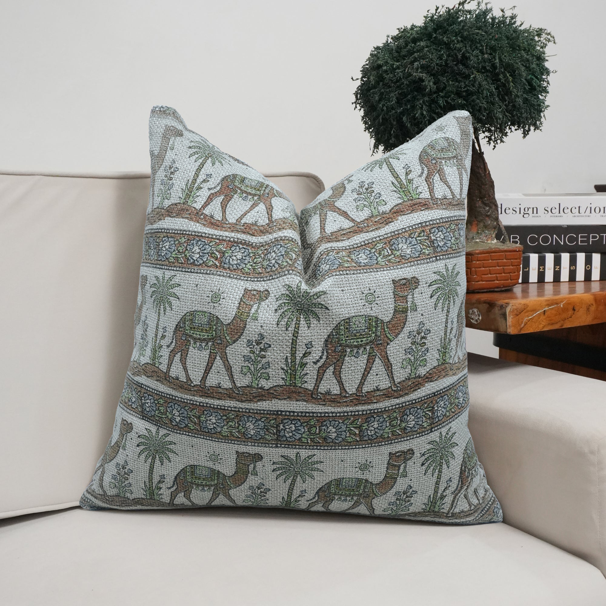 Camel Brown Block Print Jute Linen Pillow Cover 