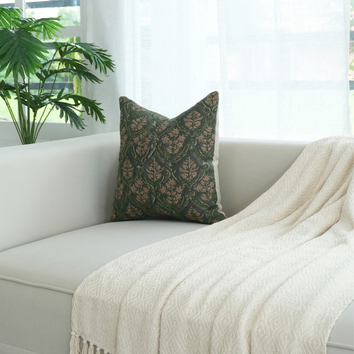Vishalpushp Tan & Olive Trellis Block Print Cushion Forest Linen