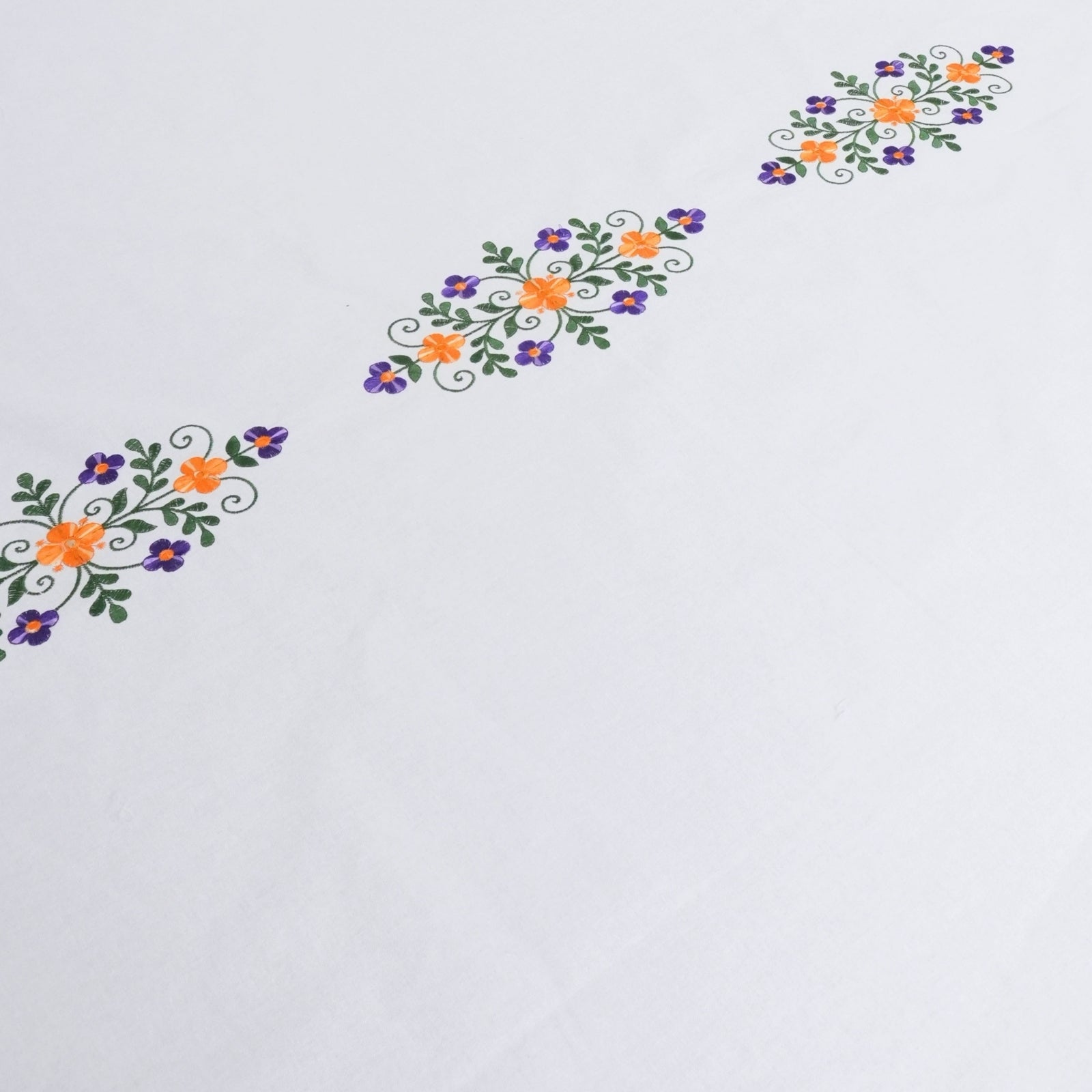 Hand Embroidered Orange and Blue Floral Cotton Tablecloth