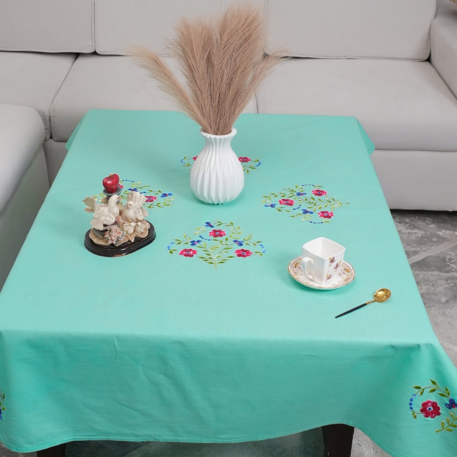 Aqua Green Red Floral Boho Embroidered Cotton Tablecloth | Decor