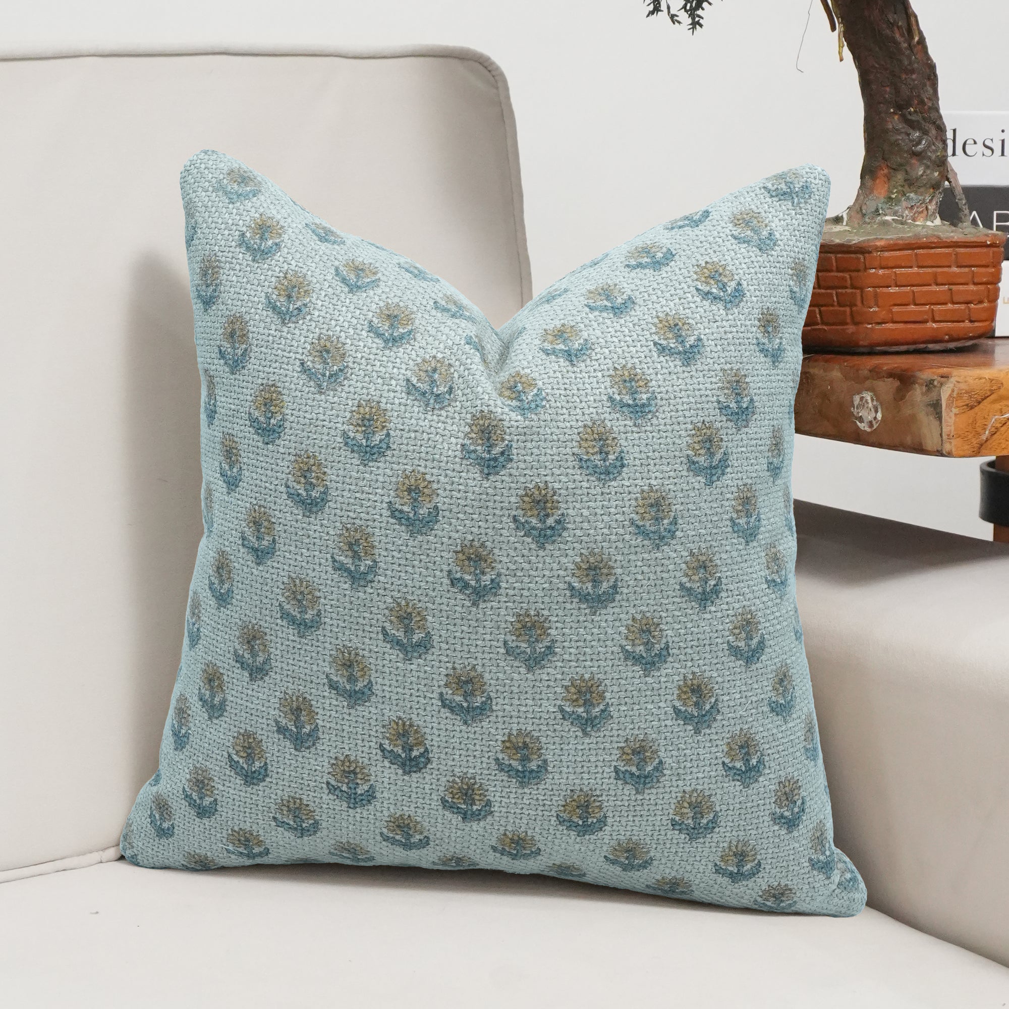 Handcrafted Palak Jute Linen Blue Floral Throw Pillow Cover