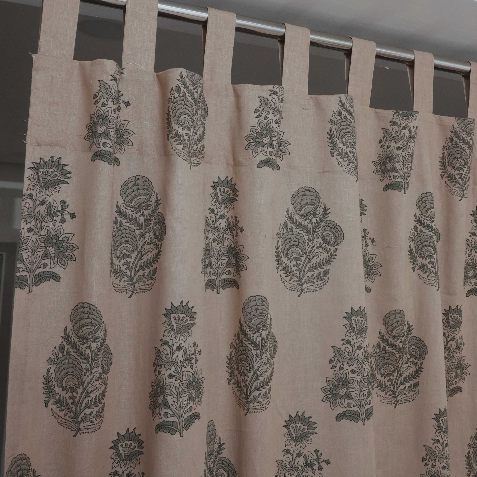 Mohini Gray Floral Hand Block Print Viscose Linen Tab Top Curtains