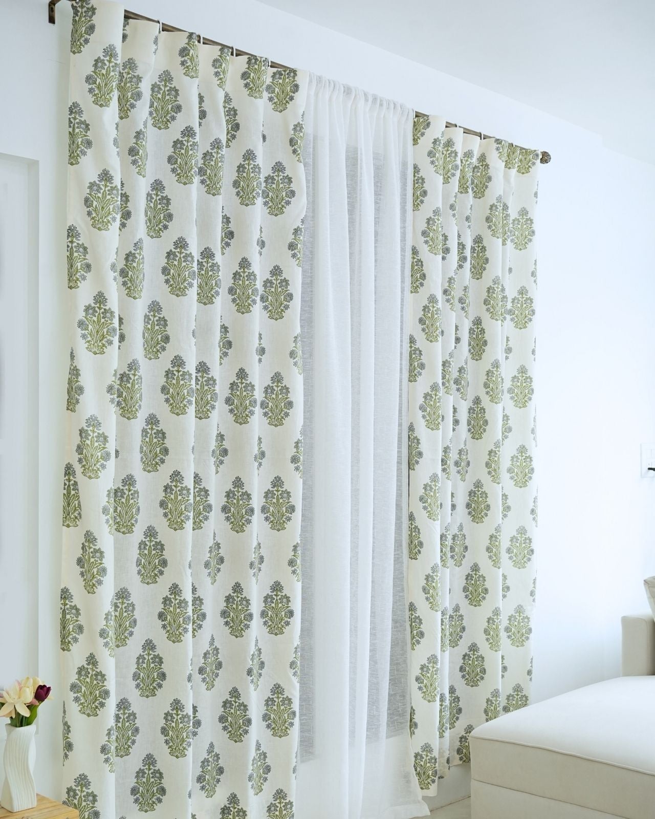 Indian Block Print Ring Curtain in Green &amp; Grey Floral - Morpankh