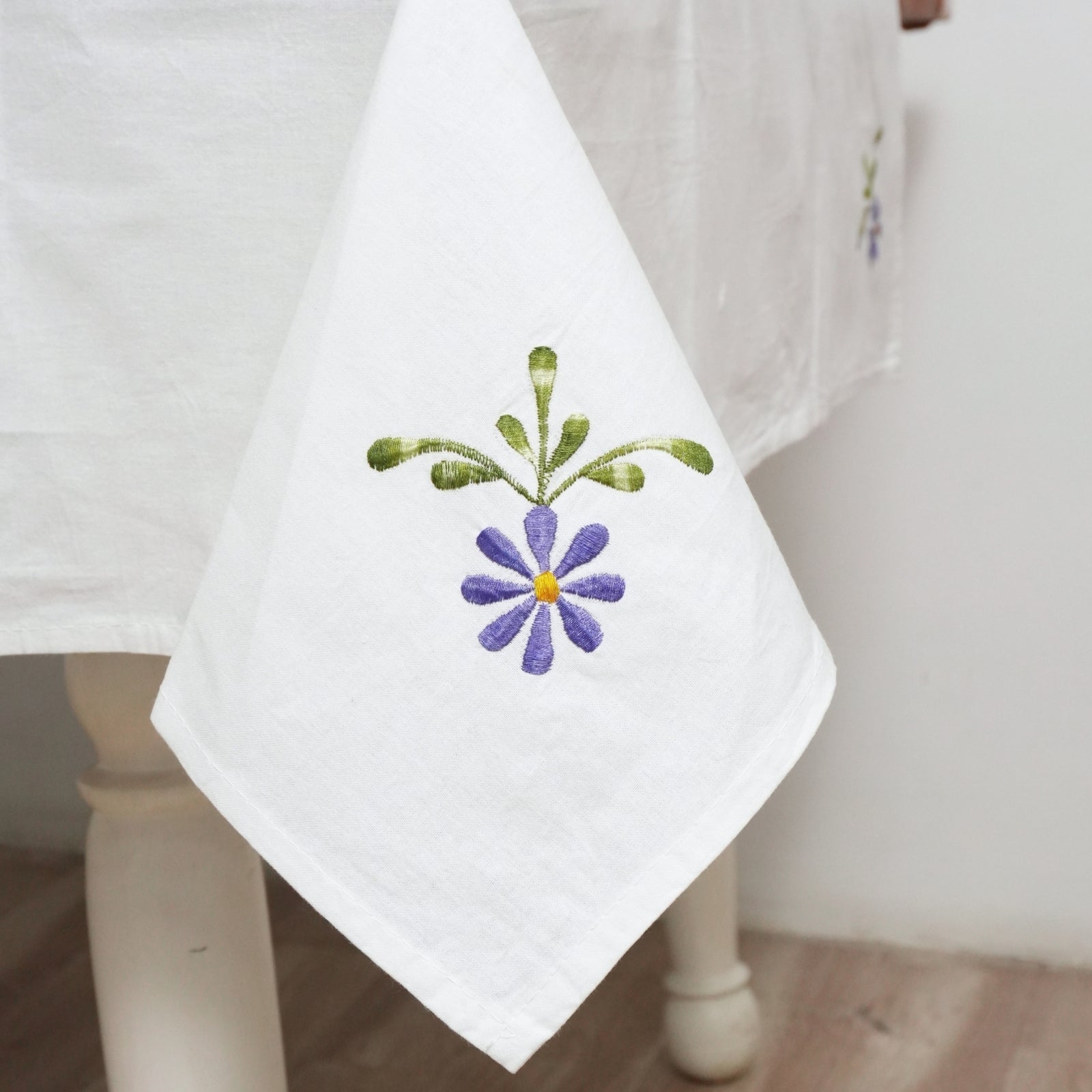 Blue Floral Embroidered 100% Thick Cotton Table Cover