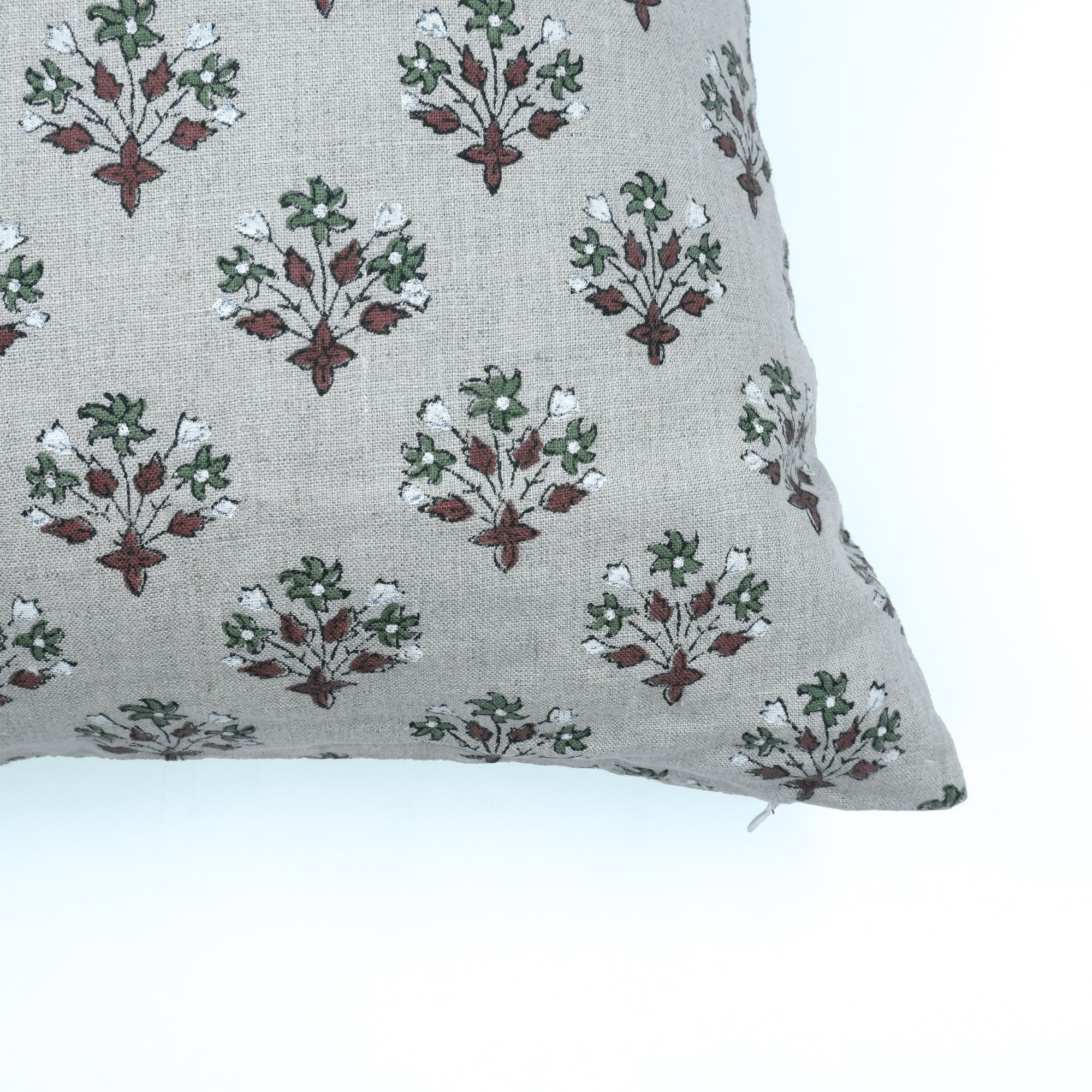 Hand Block Print Linen Cushion Cover Green &amp; Brown Diwali Flower