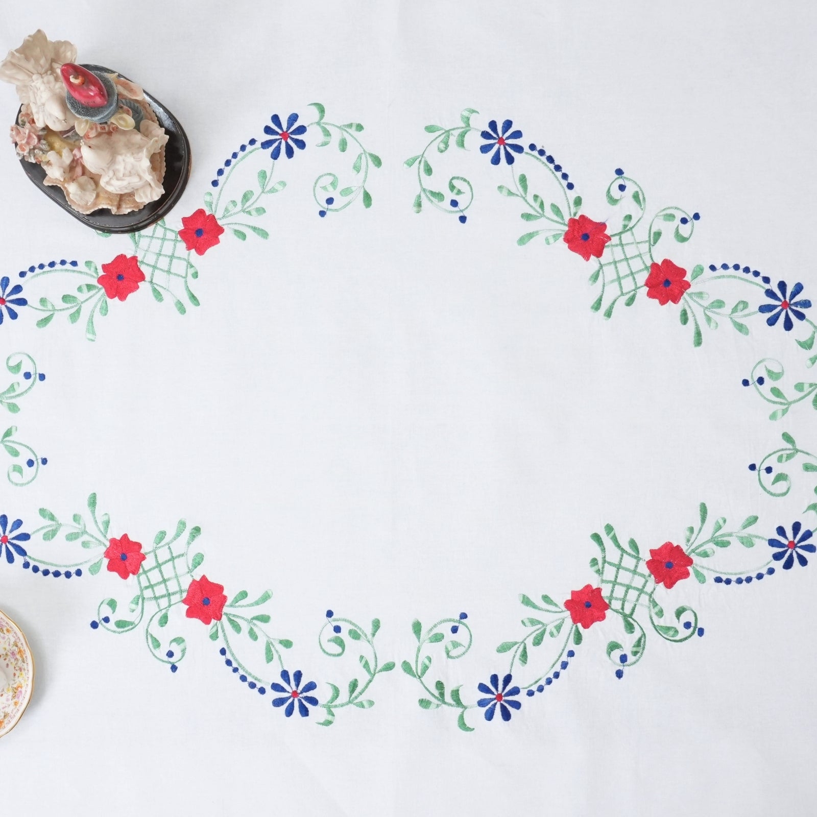 Green Blue Floral Boho Indian Artisan Embroidered Table Cover