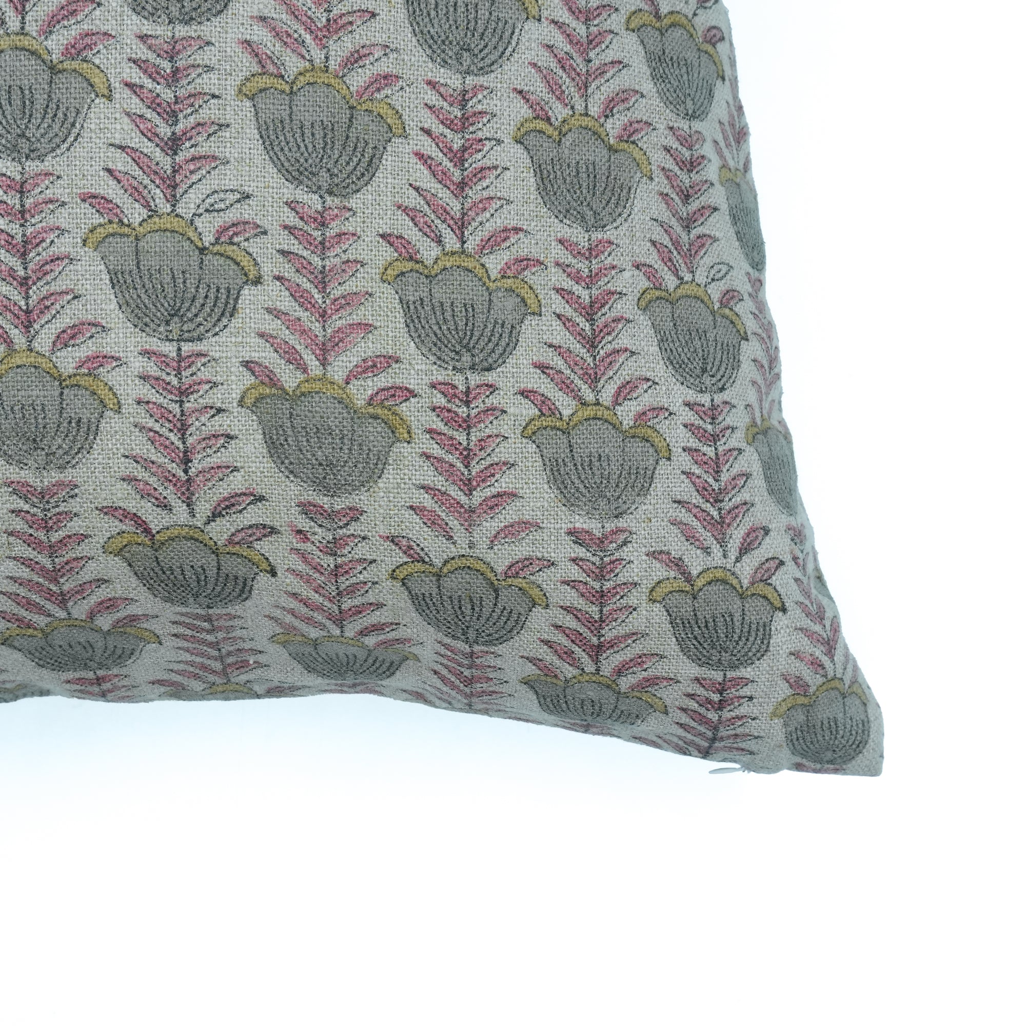 Lotus Handcrafted Thick Linen Cushion Cover Pink and Gray Floral