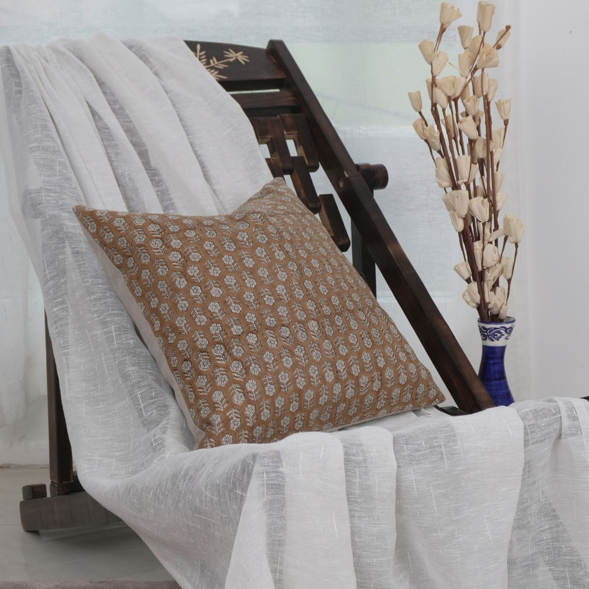 Handmade Tulsi Buti Brown Floral Throw Cushion Cover