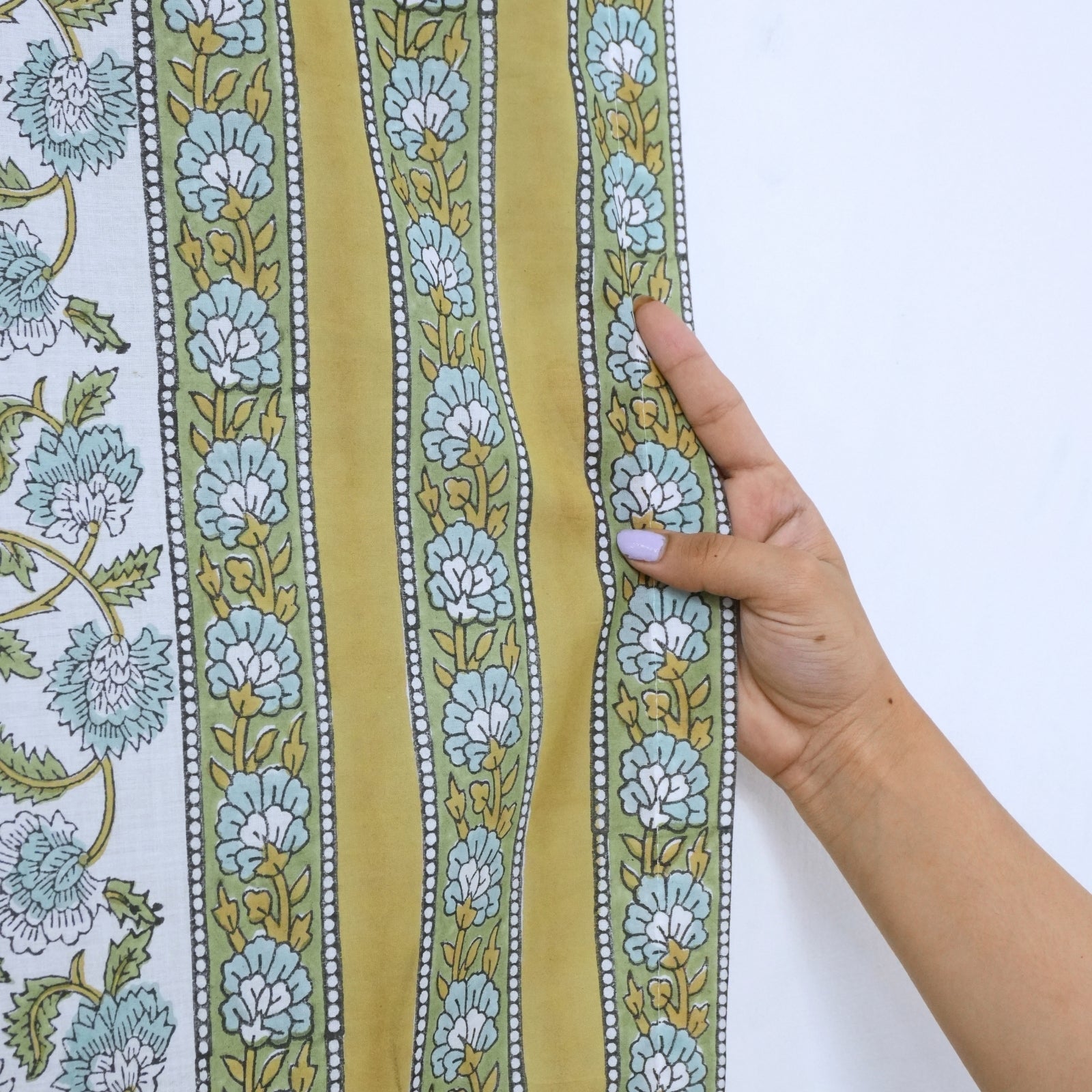 Hand Printed Blue Floral Pure Cotton Boho Curtain - Mandakani
