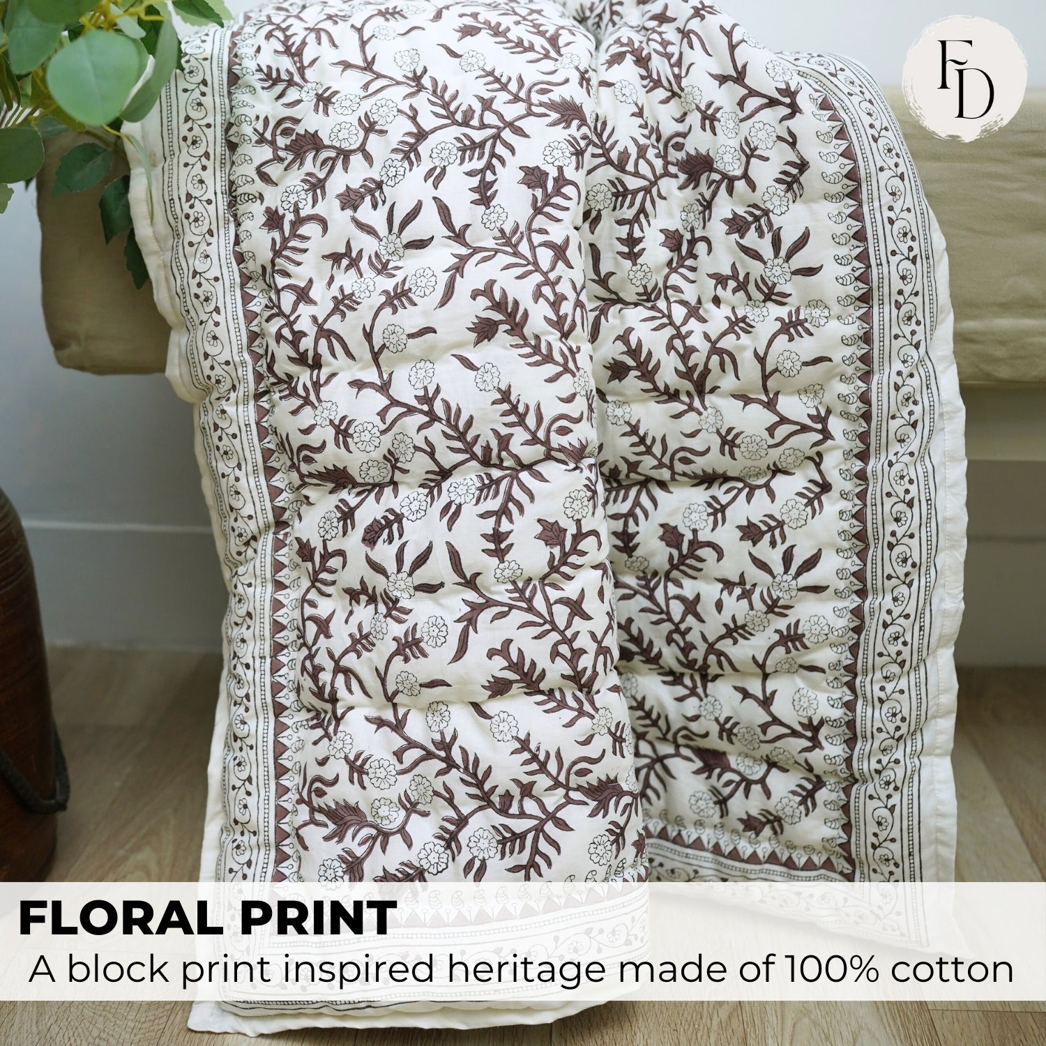 Block Print Brown Cotton Quilt Reversible &amp; Lightweight - Shejan