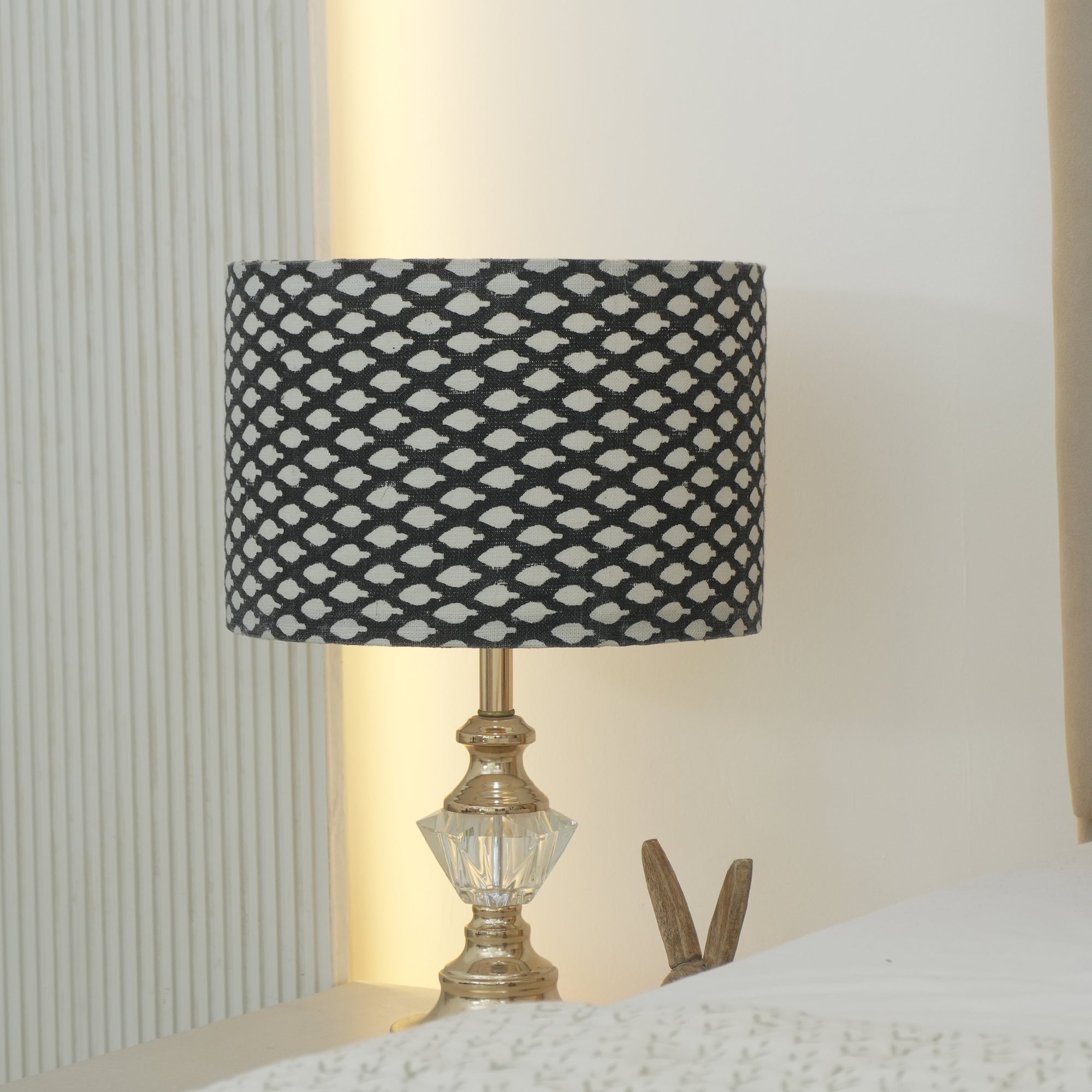 Indian Off-White Linen Black Dot Drum Lampshade - Khushbu