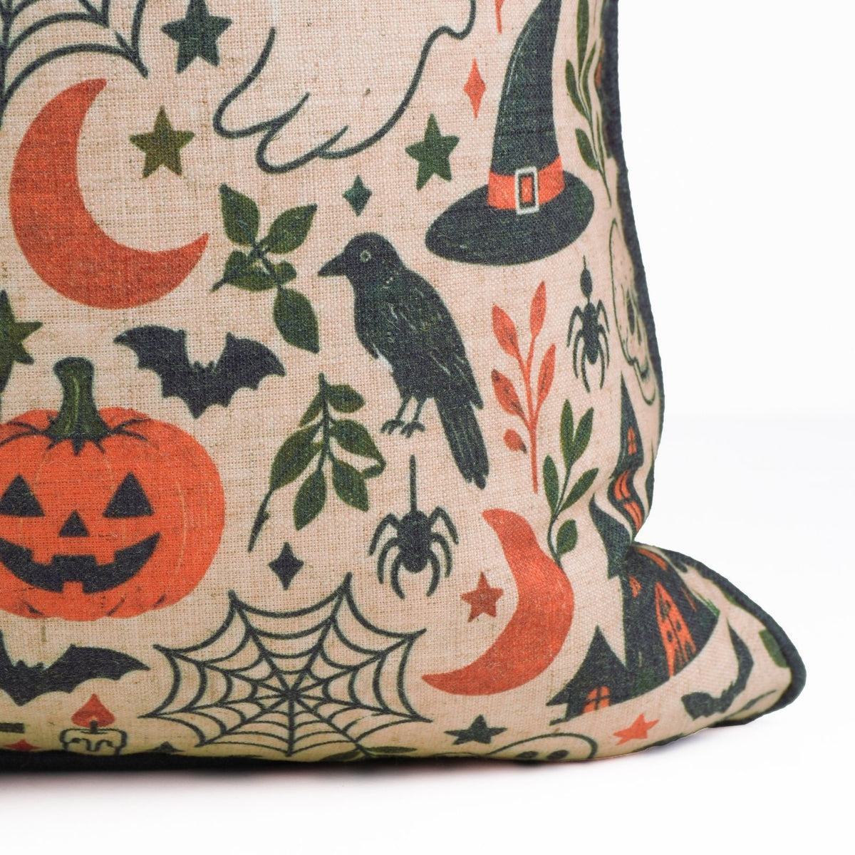 Halloween Printed Beige Linen Piping Pillow Cover - BooMix