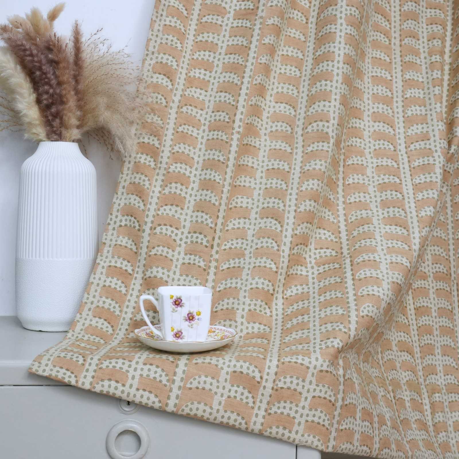 Garud Hand Block Print Tab Top Curtains | Peach Stripe Linen