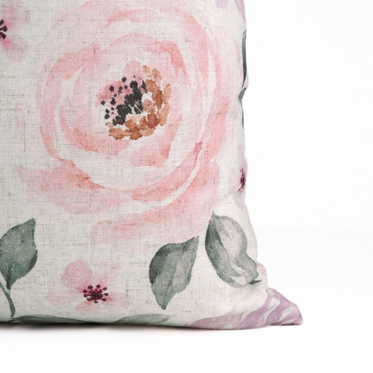 Pink Rose Floral Printed Natural Cream Linen Pillow Cover