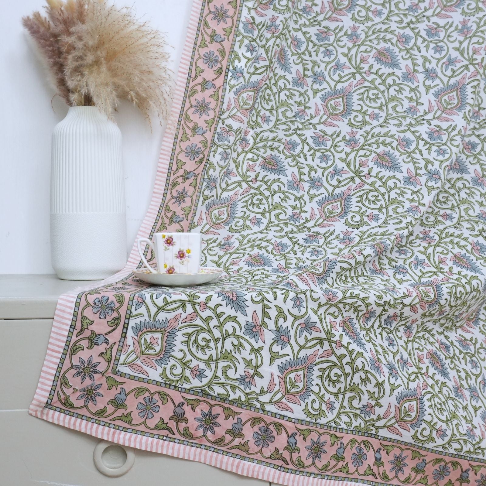 Wooden Block Print Pink Floral Cotton Curtain - Hawamahal