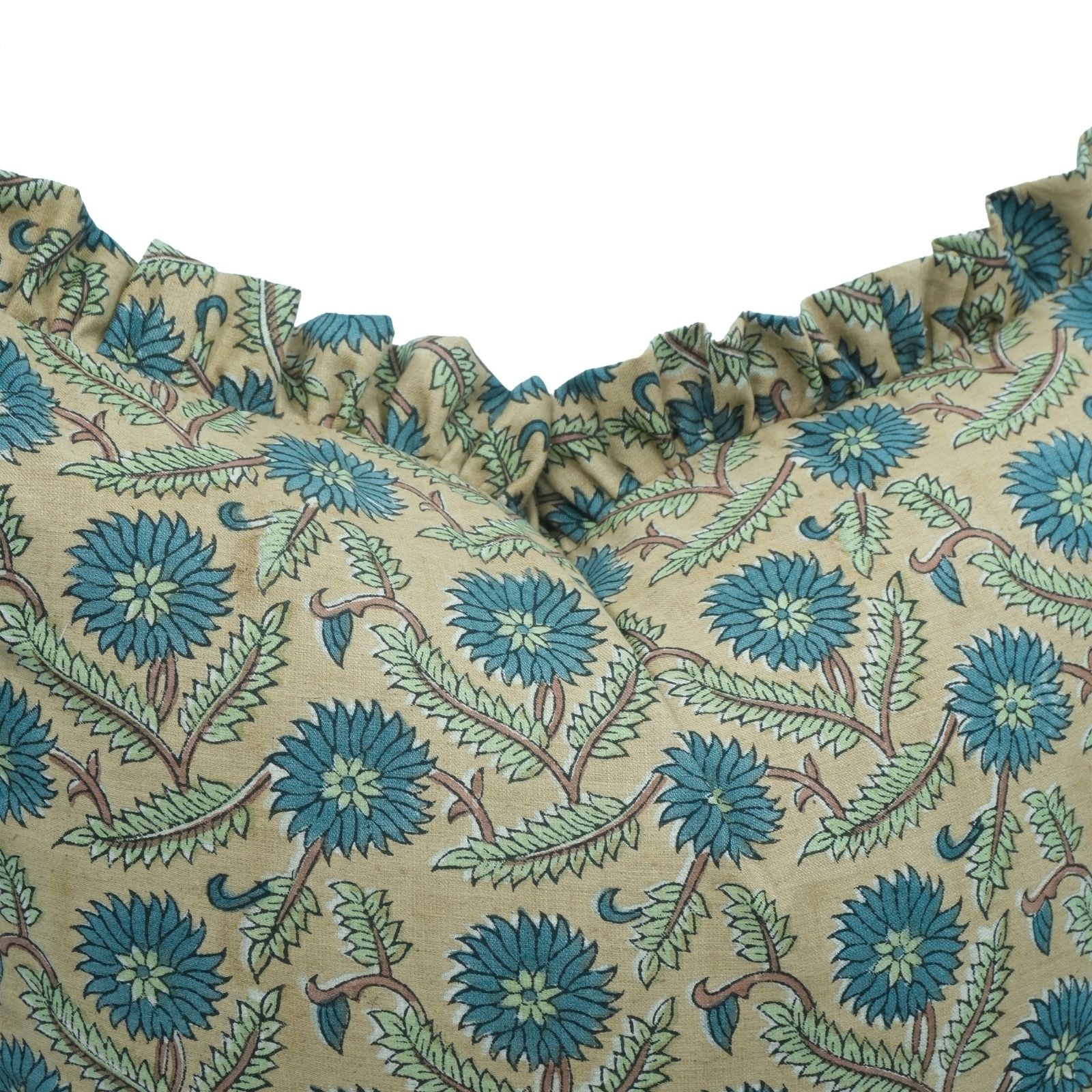 Block Print Frill Linen Blend Indoor Sofa Pillow Cover - Swarna
