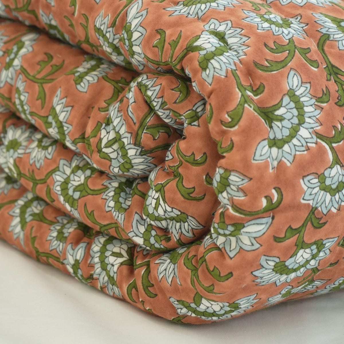 Block Print Floral Border Decorative Cotton Quilt - Rajanigandha