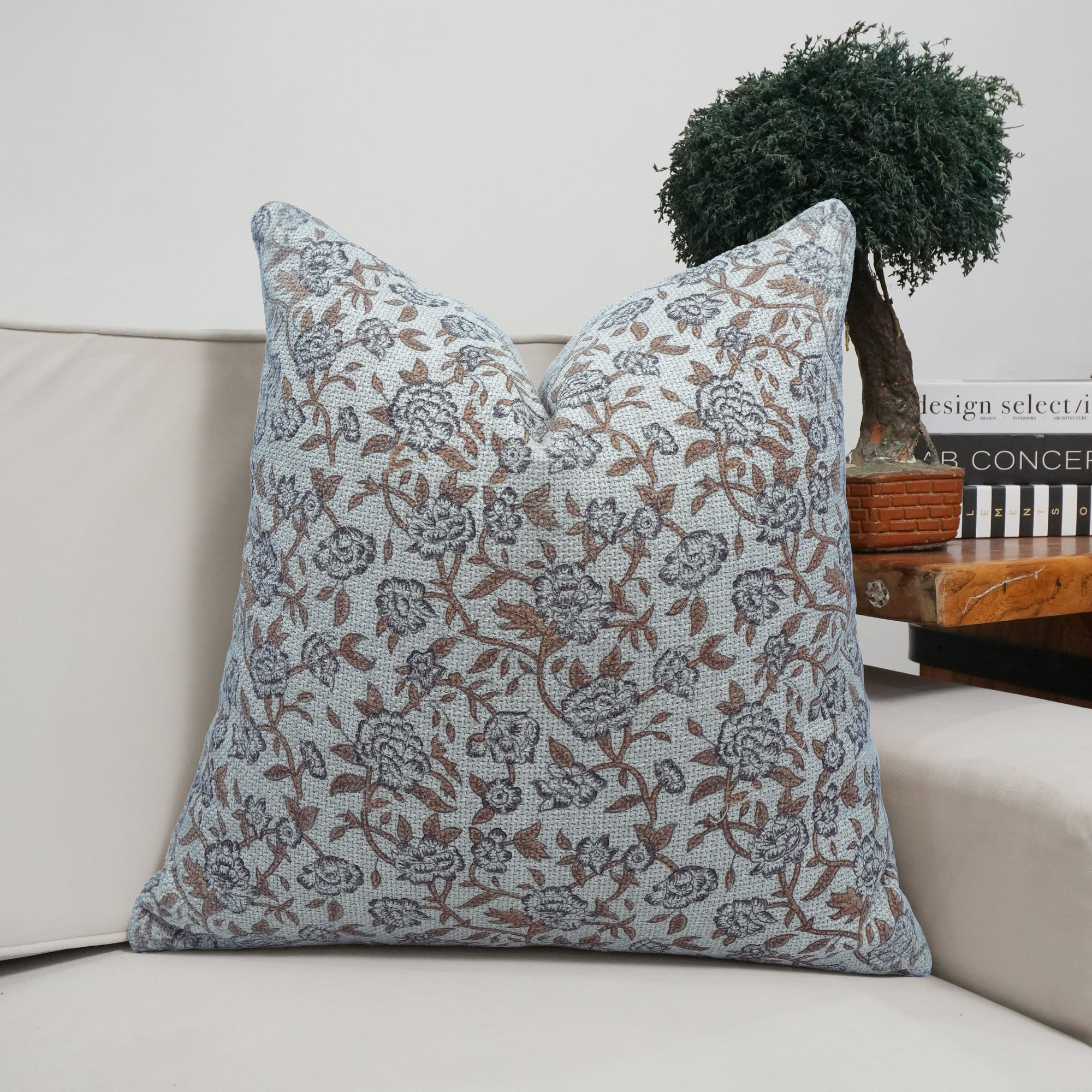 Indian Artisan Jute Linen Cushion Cover Gray Floral - Mahek