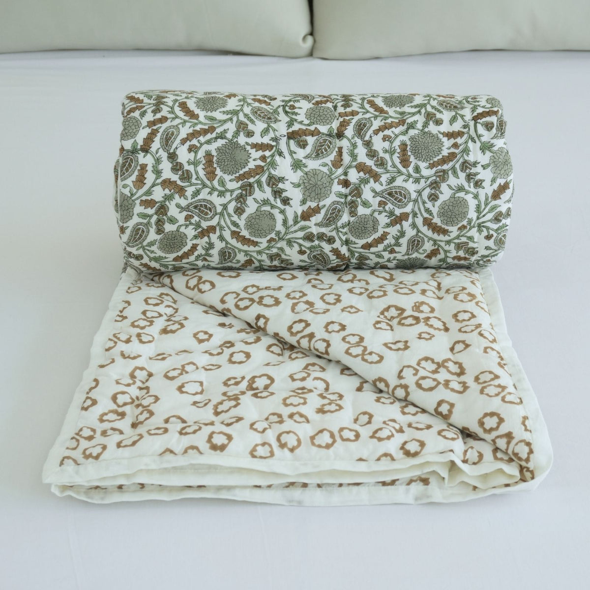 Block Print Sage Green Cotton Reversible Quilt - Gopi