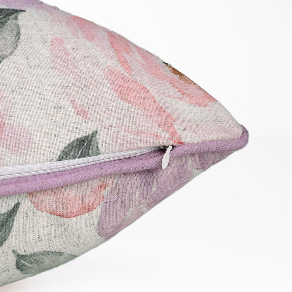Rose Floral Printed Cream Viscose Linen Piping Cushion Cover 
