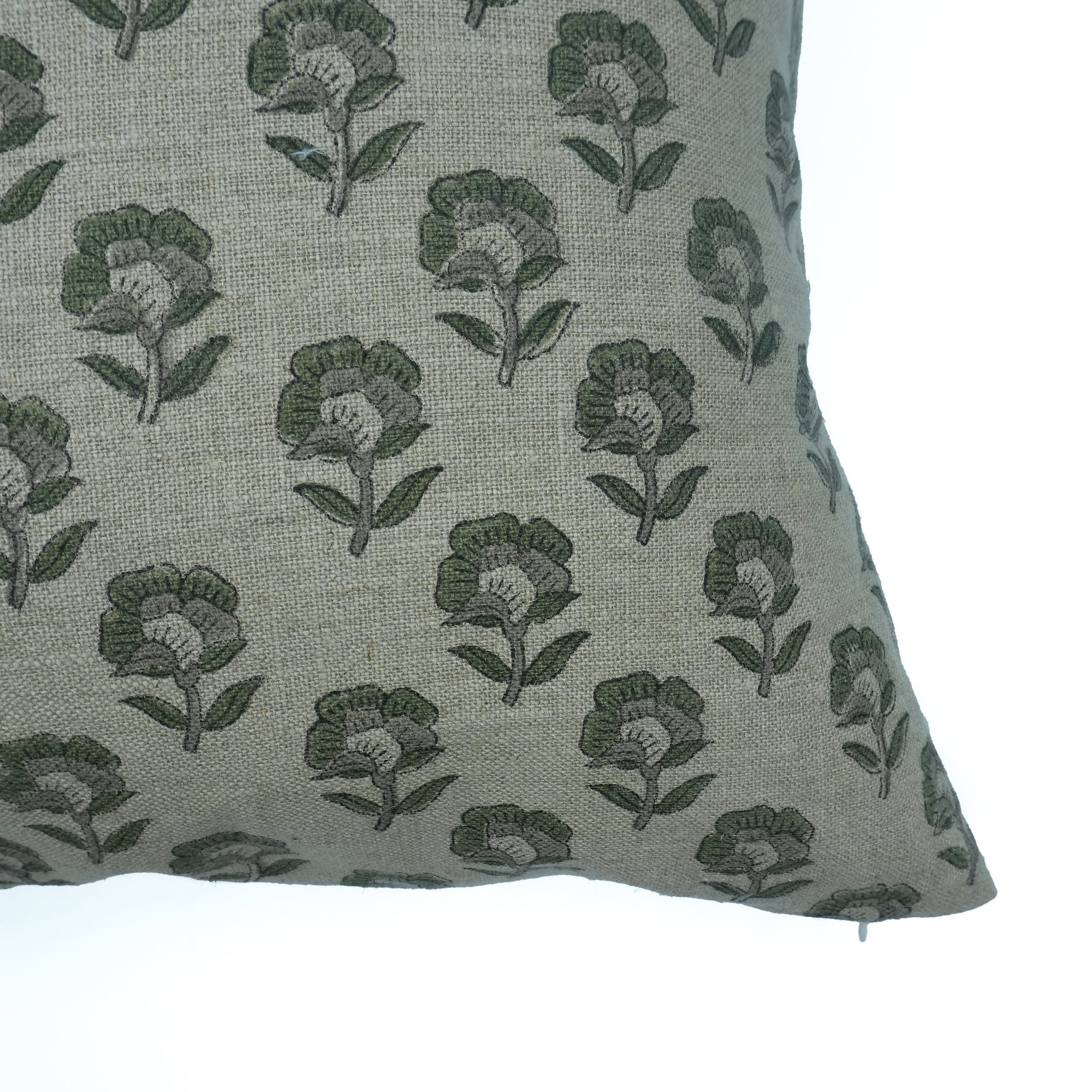 Rohini Gray Floral Block Print Thick Linen Pillow Cover 