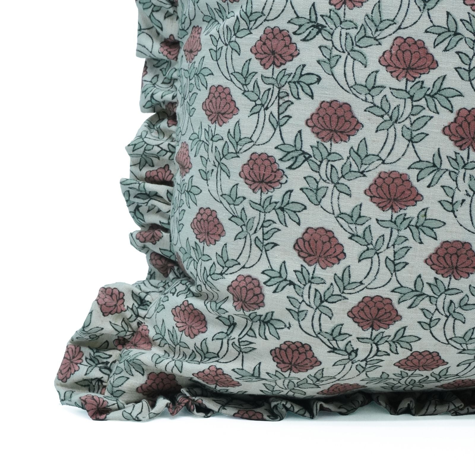 Block Print Red Floral Farmhouse Frill Pillow Cover - Khushbu