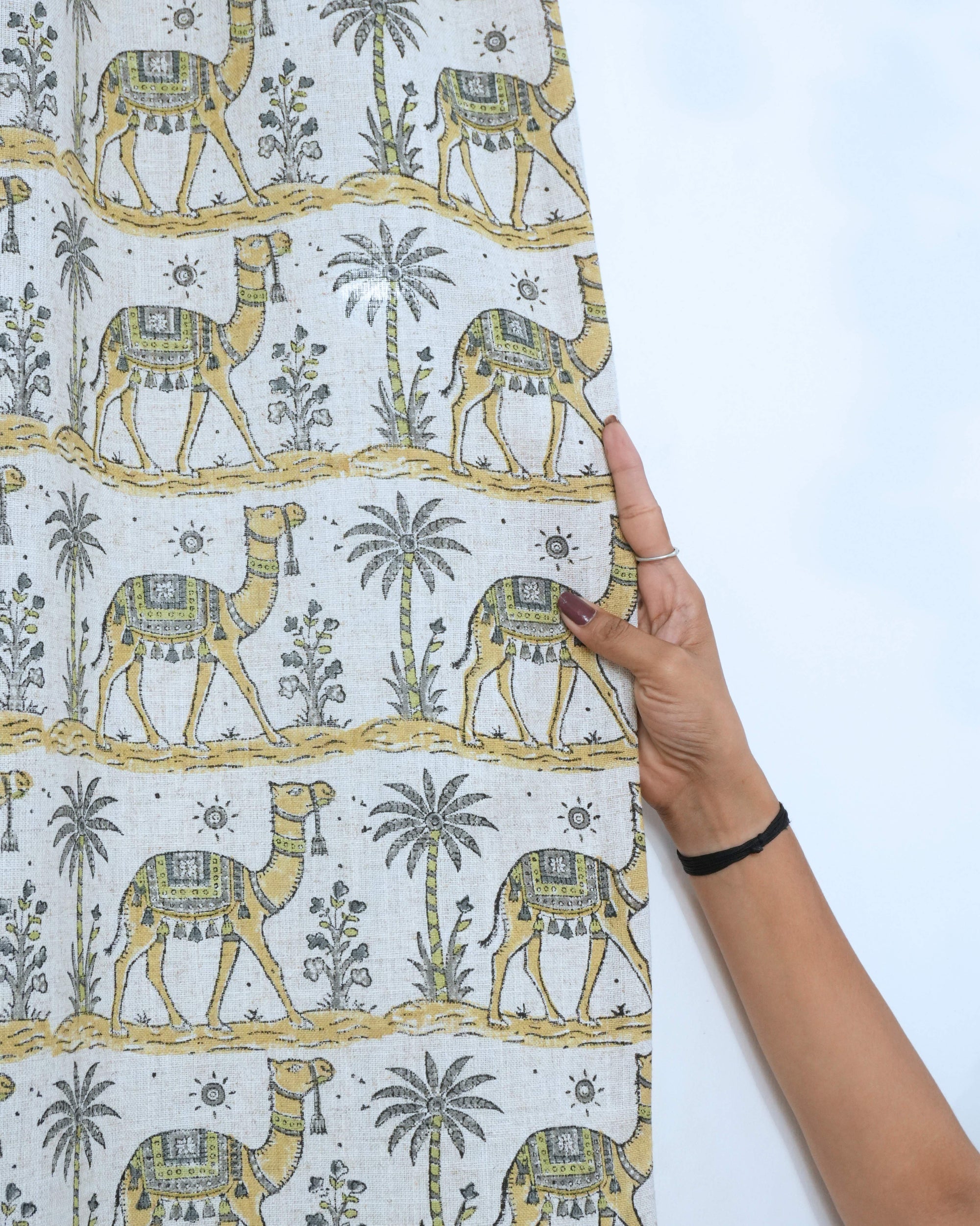 Camel Hand Block Print Tab Top Curtains — Gray &amp; Yellow Viscose Linen