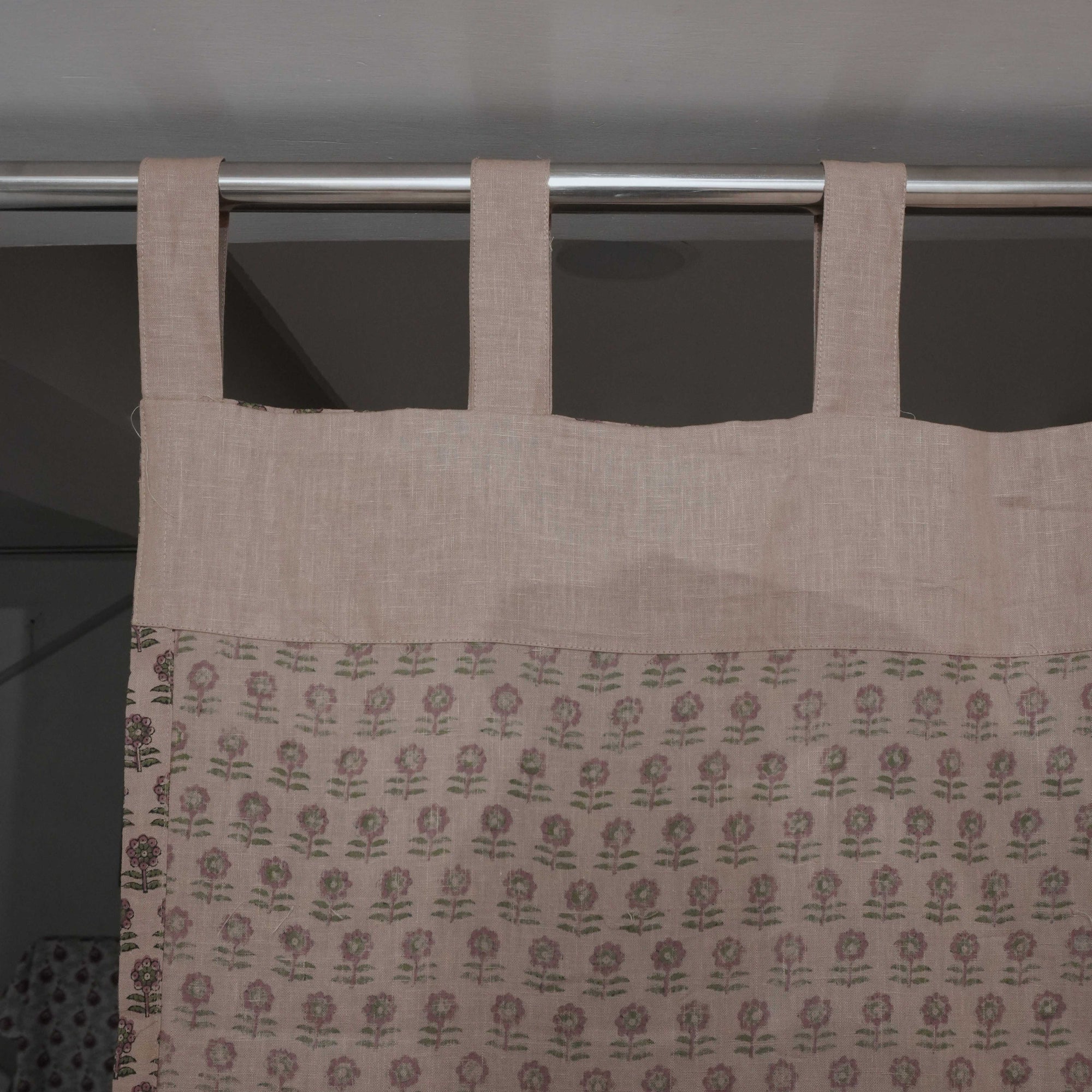 Pink Floral Block Print Viscose Linen Tab Top Curtains - Anamika