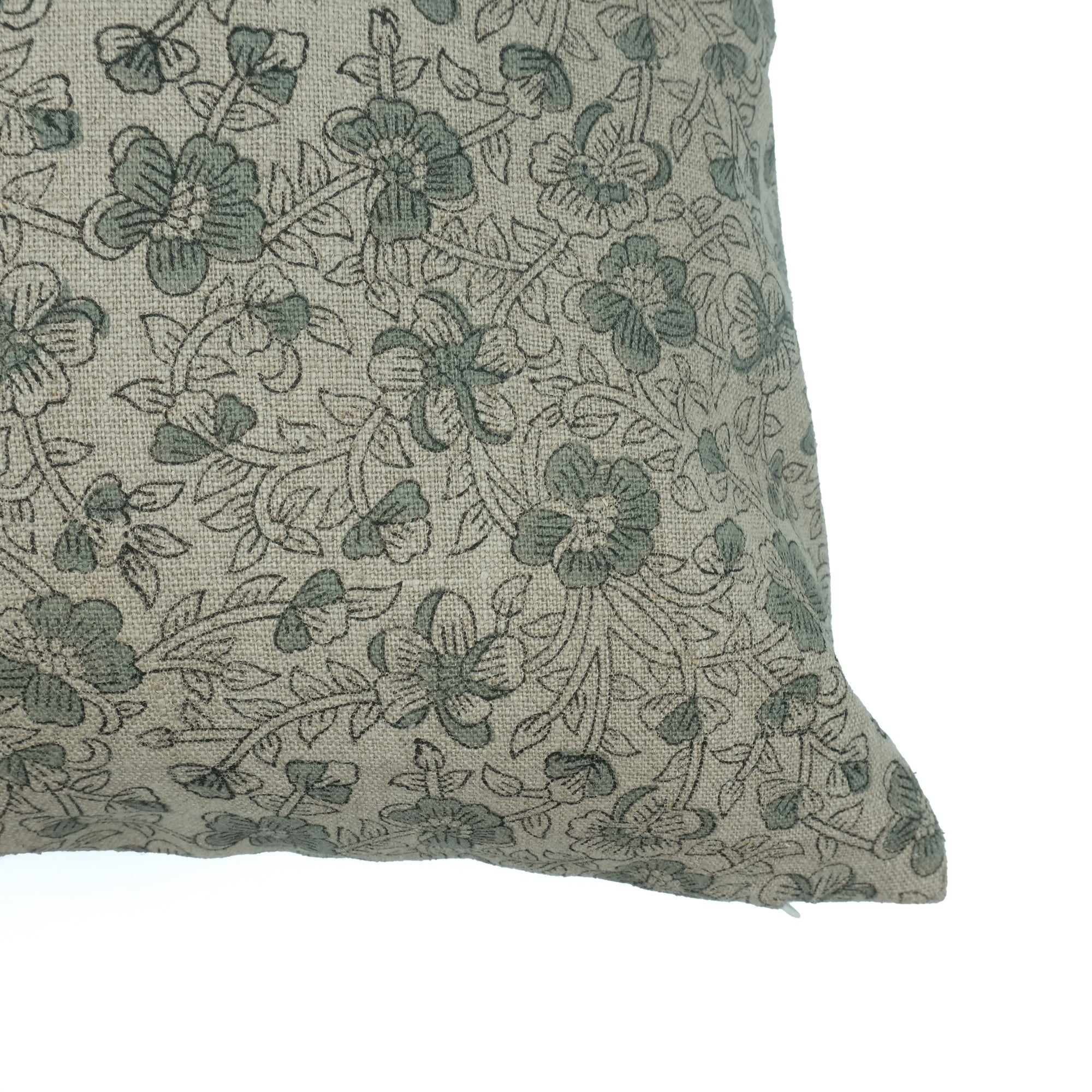 Handmade Saundrya Printed Gray Floral Linen Cushion Cover