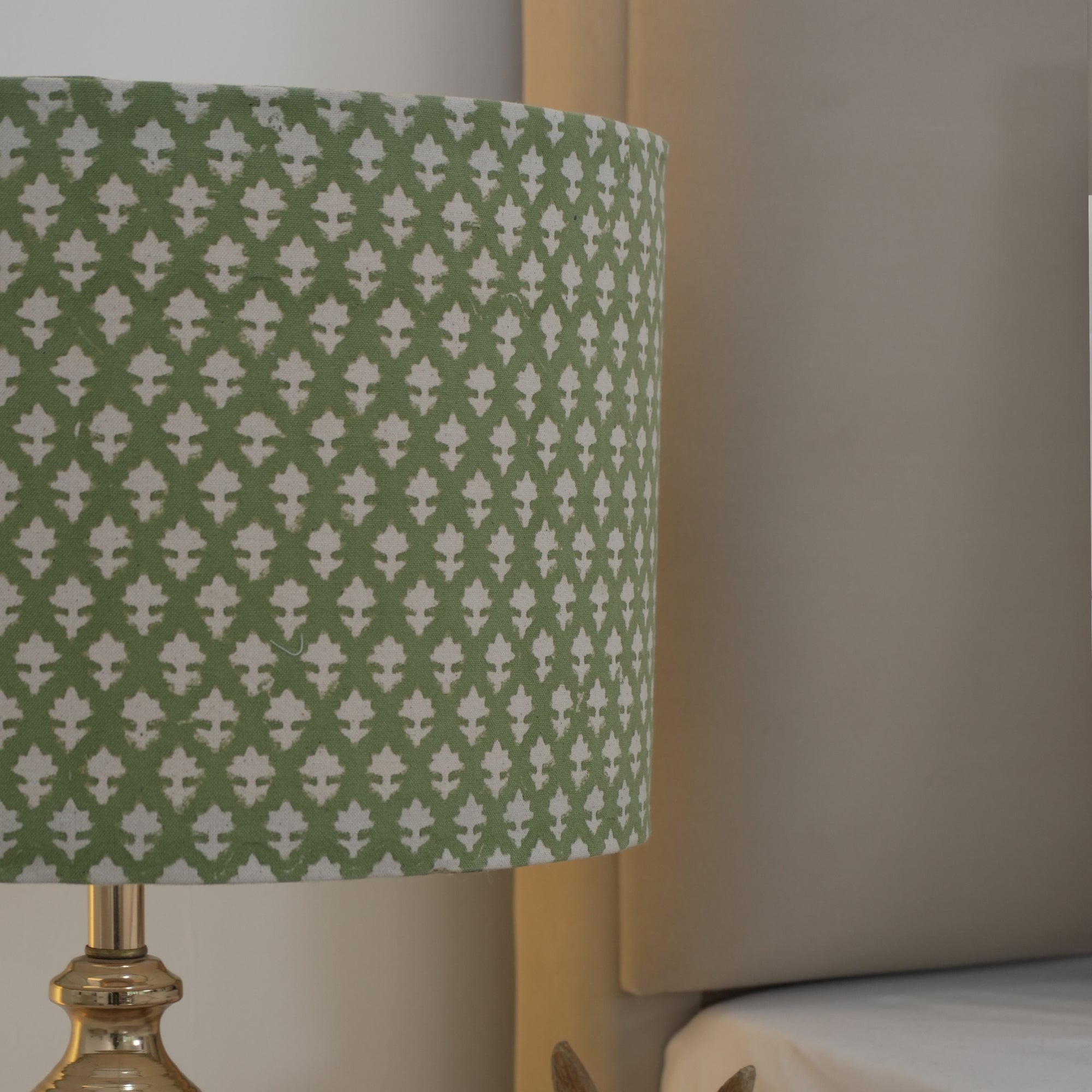 Indian Block Print Pure Linen Drum Lampshade - Pinkcity Green