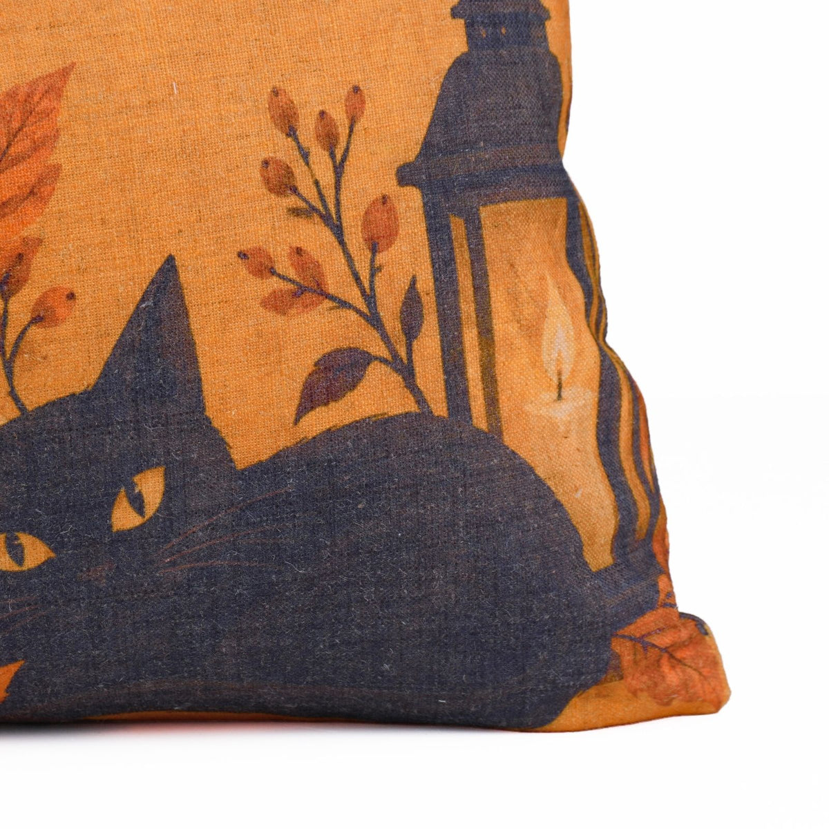 Haunted Cat Printed Orange Linen Lumbar Pillow Cover