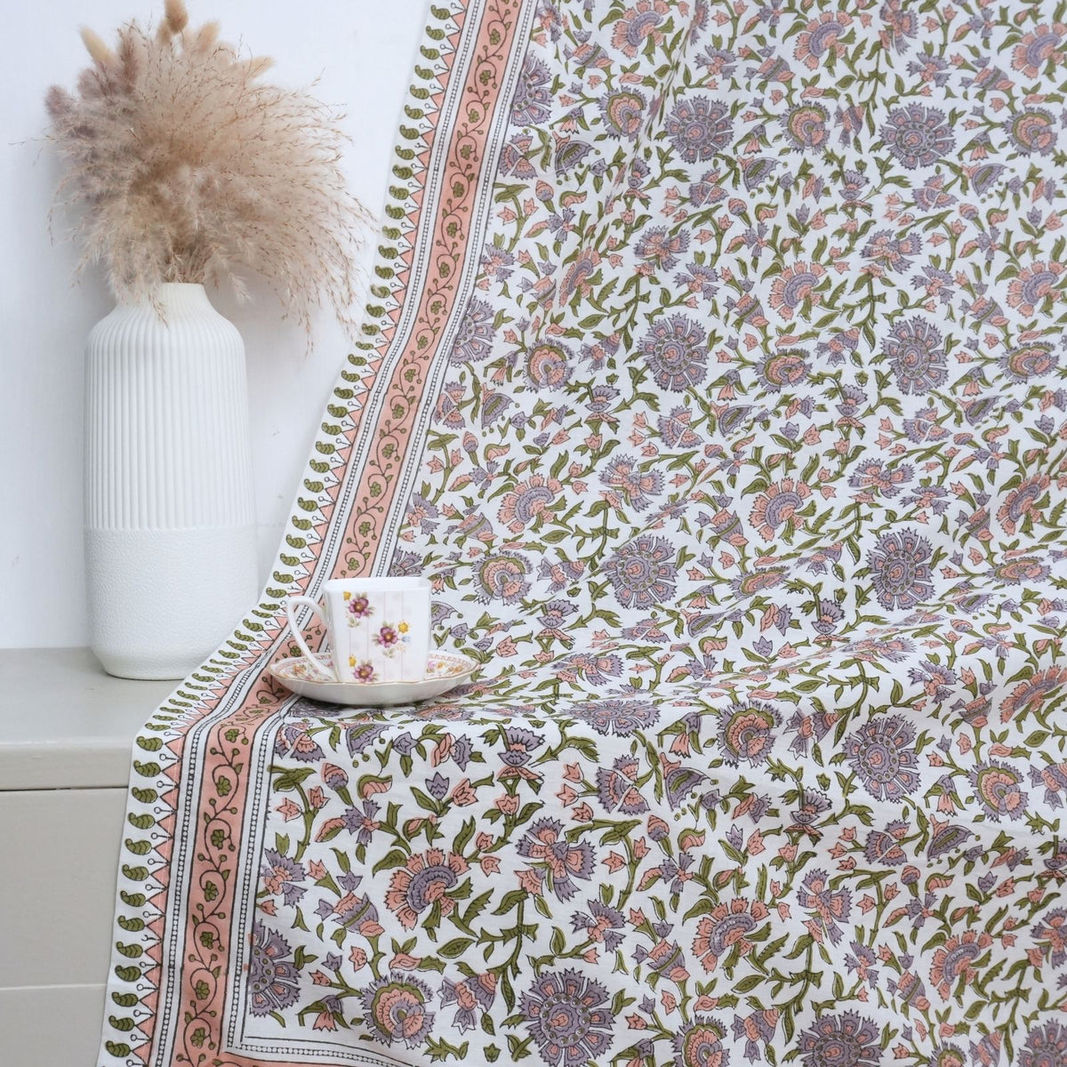 Indian Artisan Block Print Cotton Tab Top Curtain - Pushplata