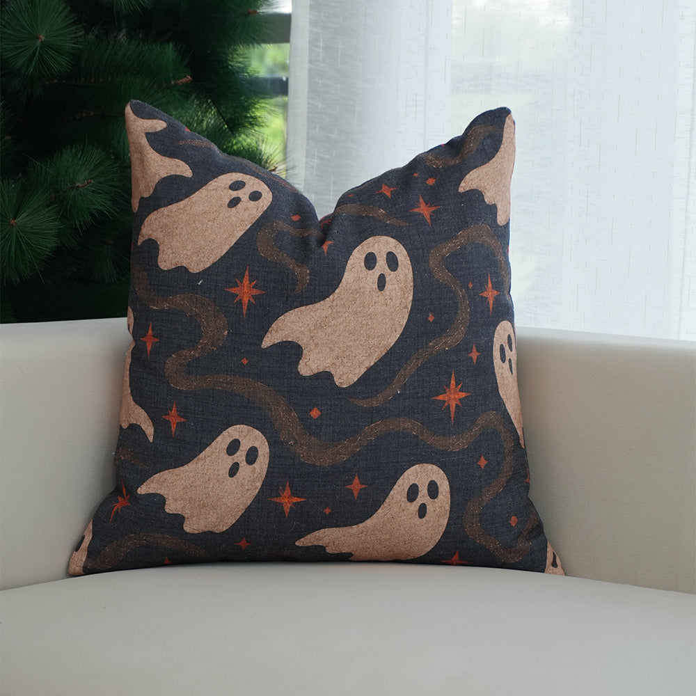  Halloween Charcoal Viscose Linen Pillow Cover - Ghostly Sparkles