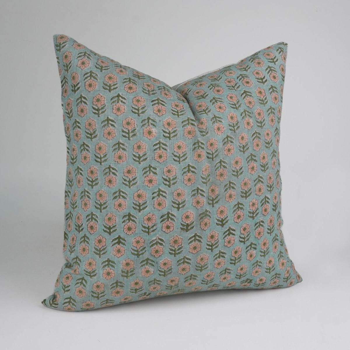 Tulsi Buti Block Print Sage Green Floral Linen Cushion Cover