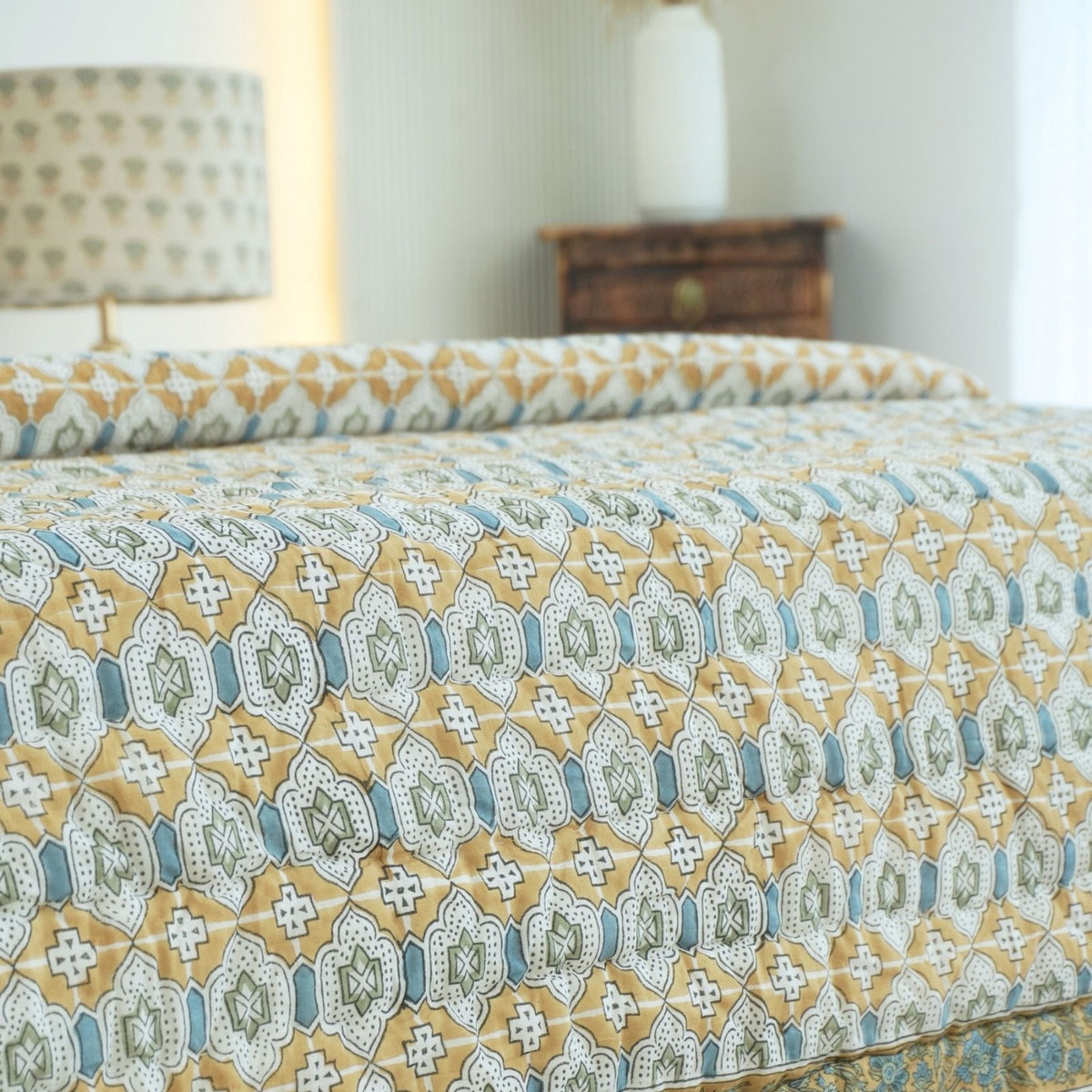 Jaipur Artisan Made Mustard Jarokha Cotton Reversible Quilt
