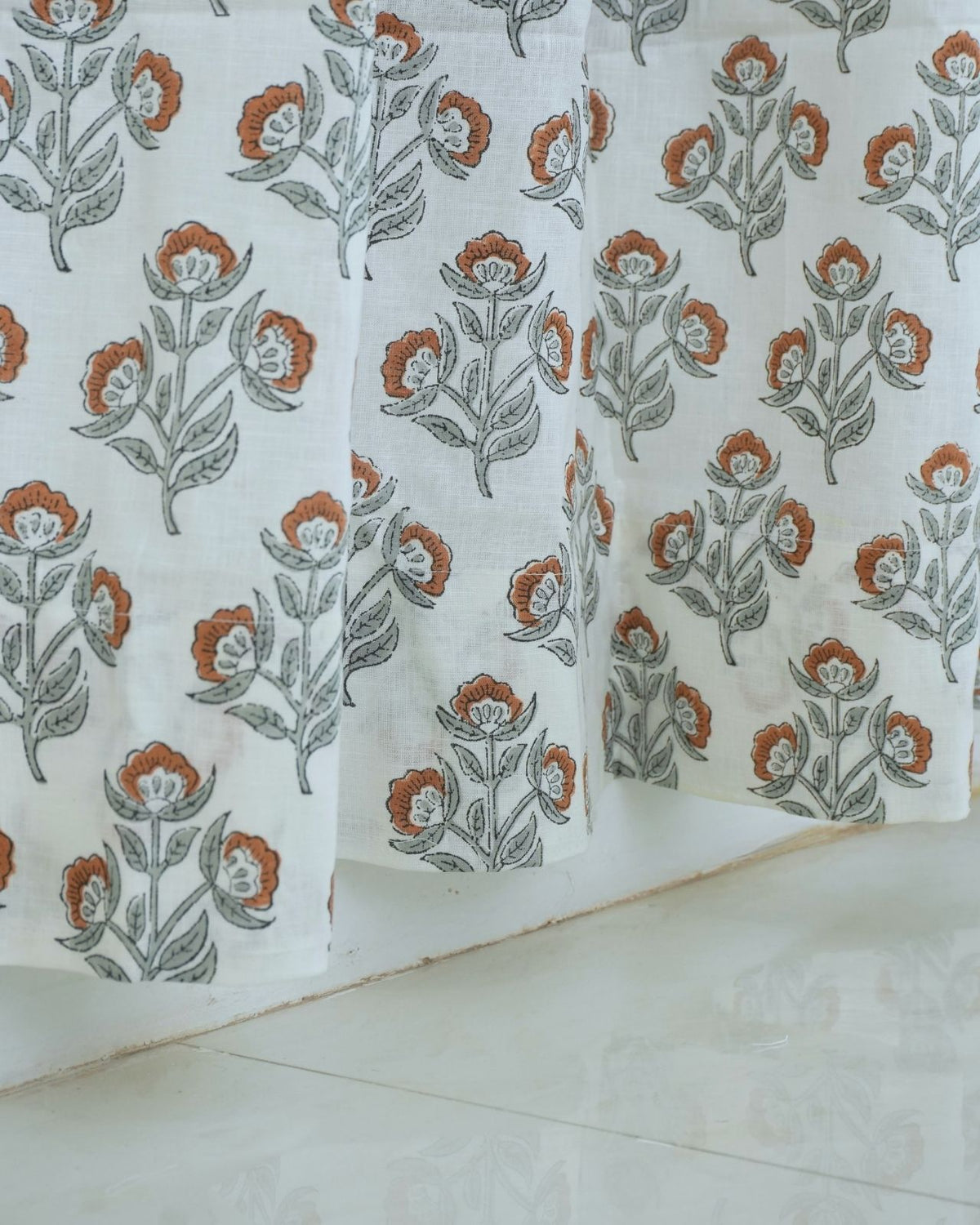 Block Print Rust Floral Viscose Linen Curtain - Bael Patra
