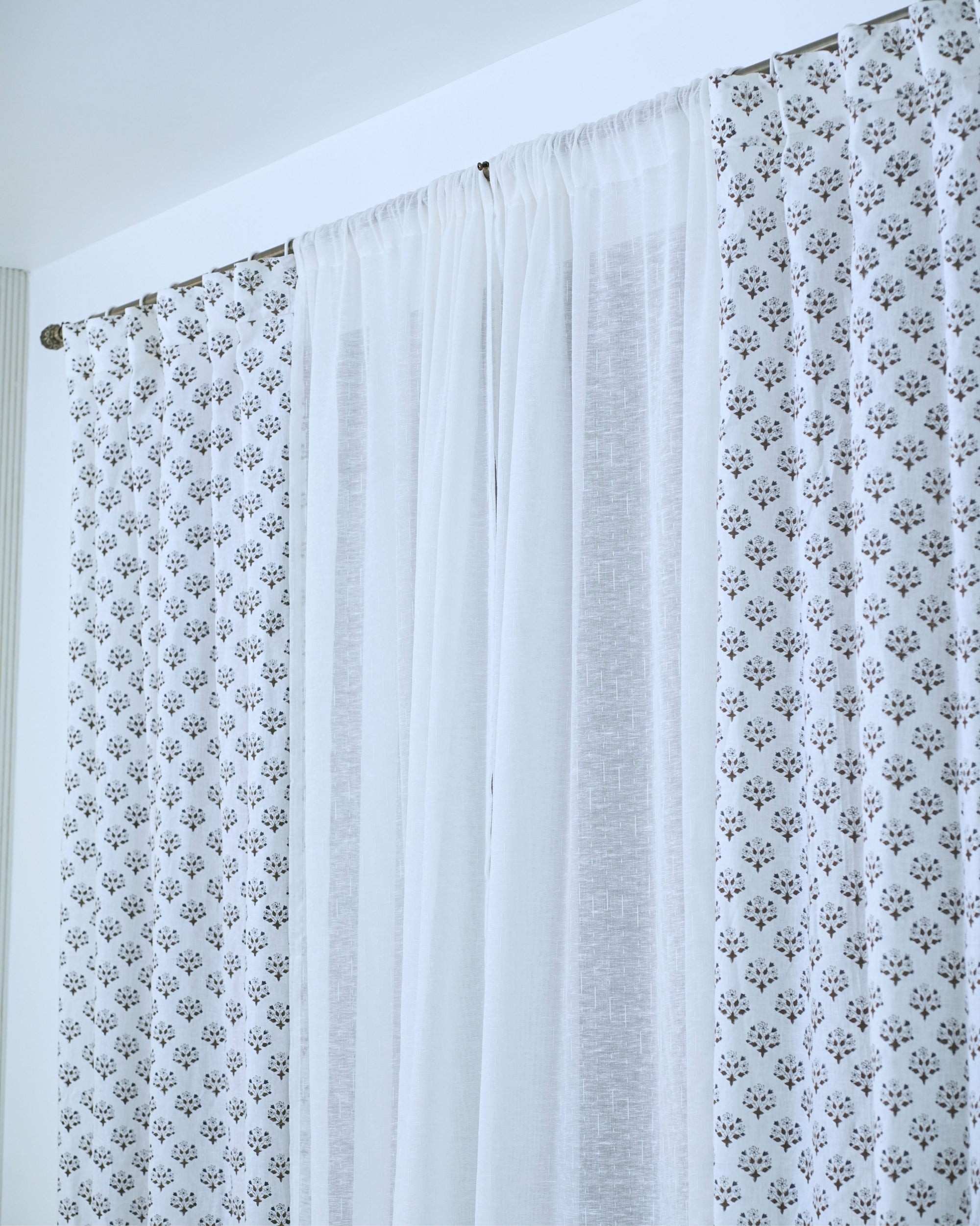 Diwali Flower Block Print Viscose Linen Flat Panel Curtains