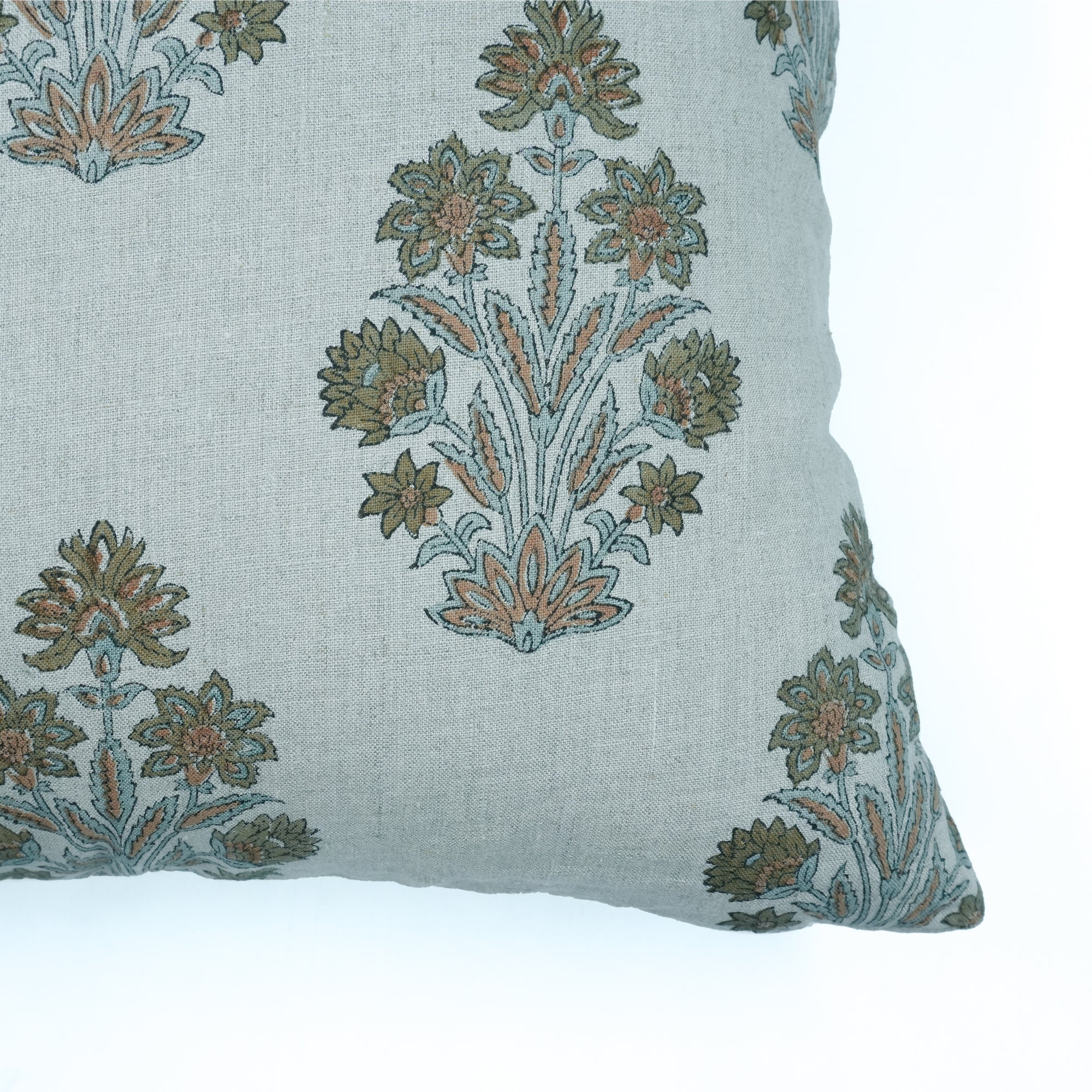 Morpankh Block Print Pure Linen Cushion Cover Green Floral 