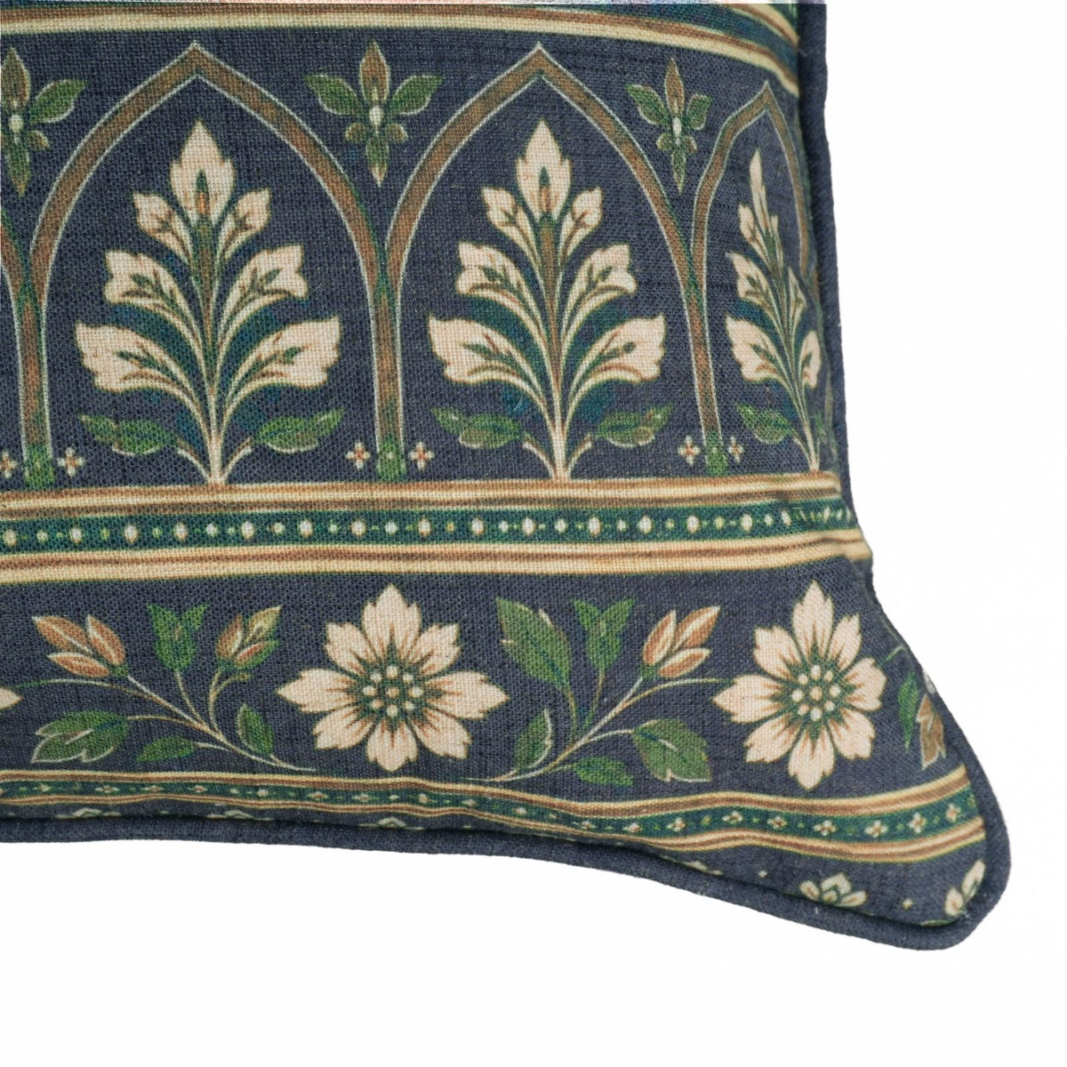 Floral Printed Piping Deep Navy Viscose Linen Cushion Cover