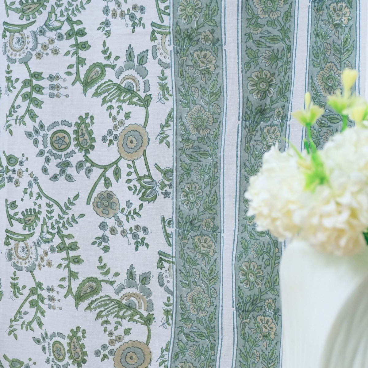 Block Print Arpan Sage Green Floral Cotton Curtain