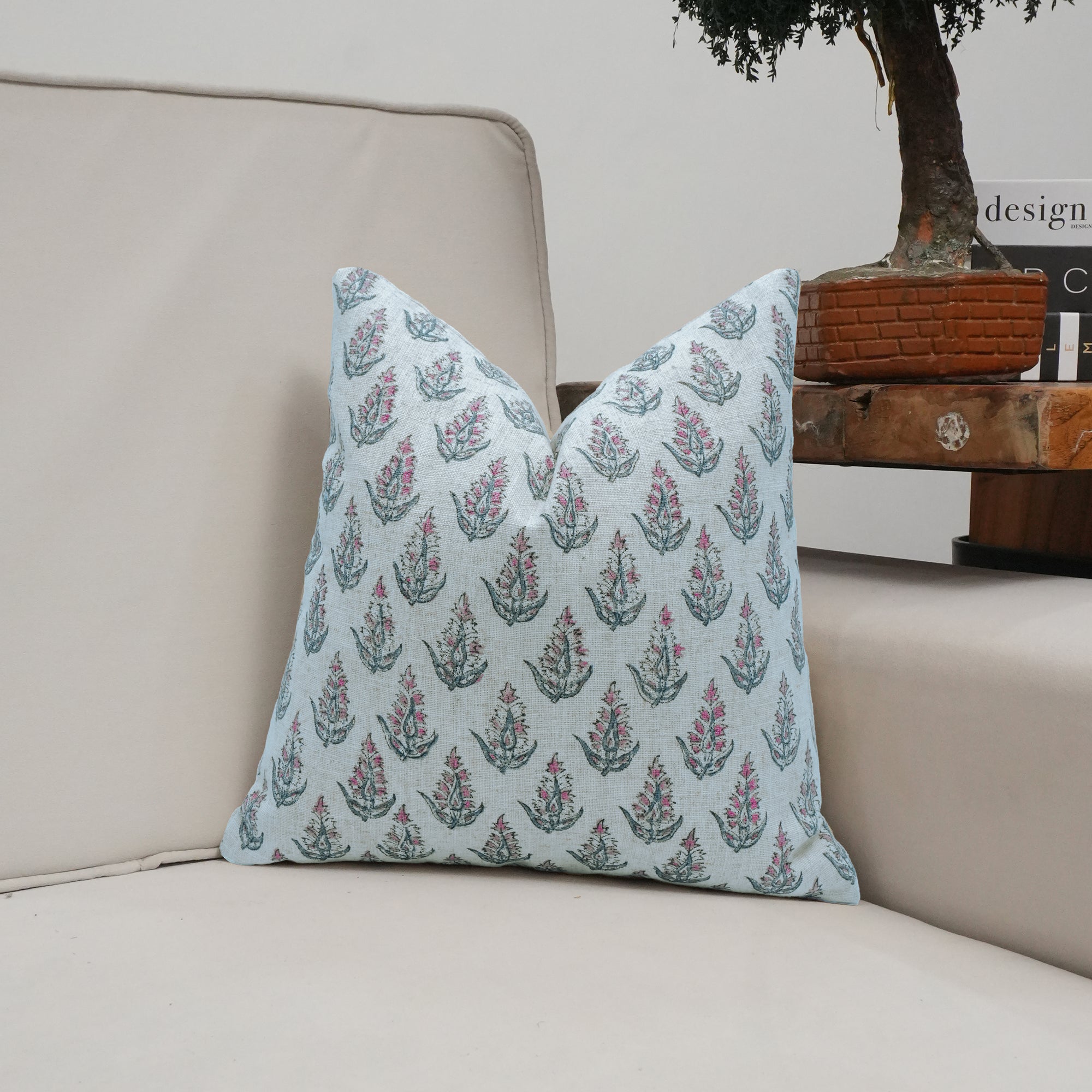 Hand Print Viscose Linen Pink Floral Cushion - Kanak Buti