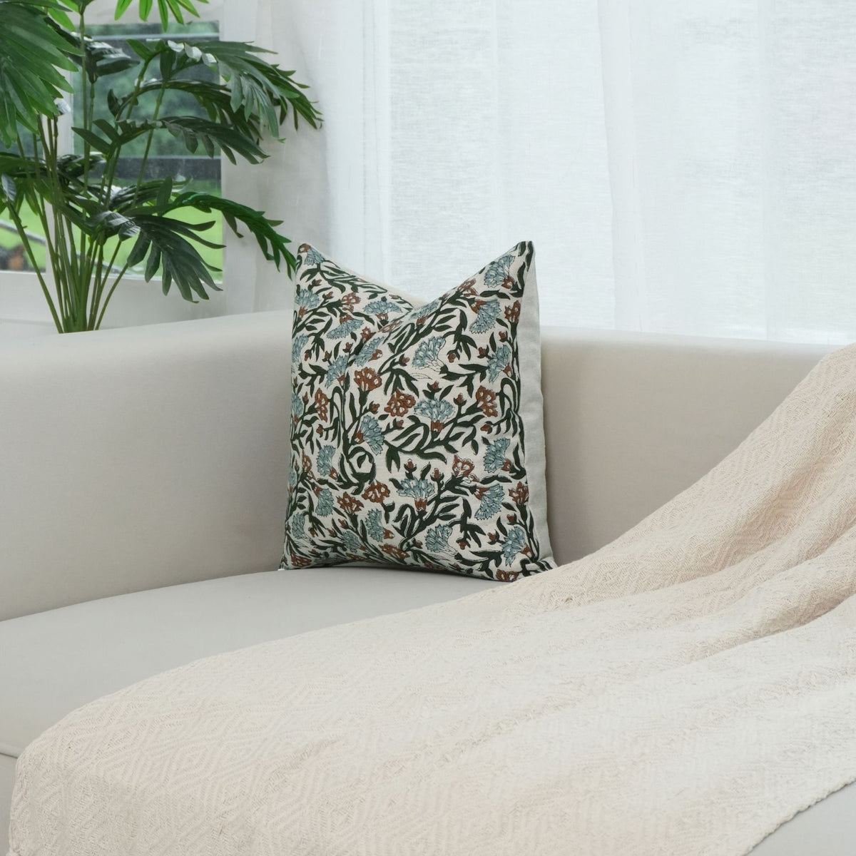 Block Print Thorny Stems Dusty Blue Linen Blend Cushion Cover