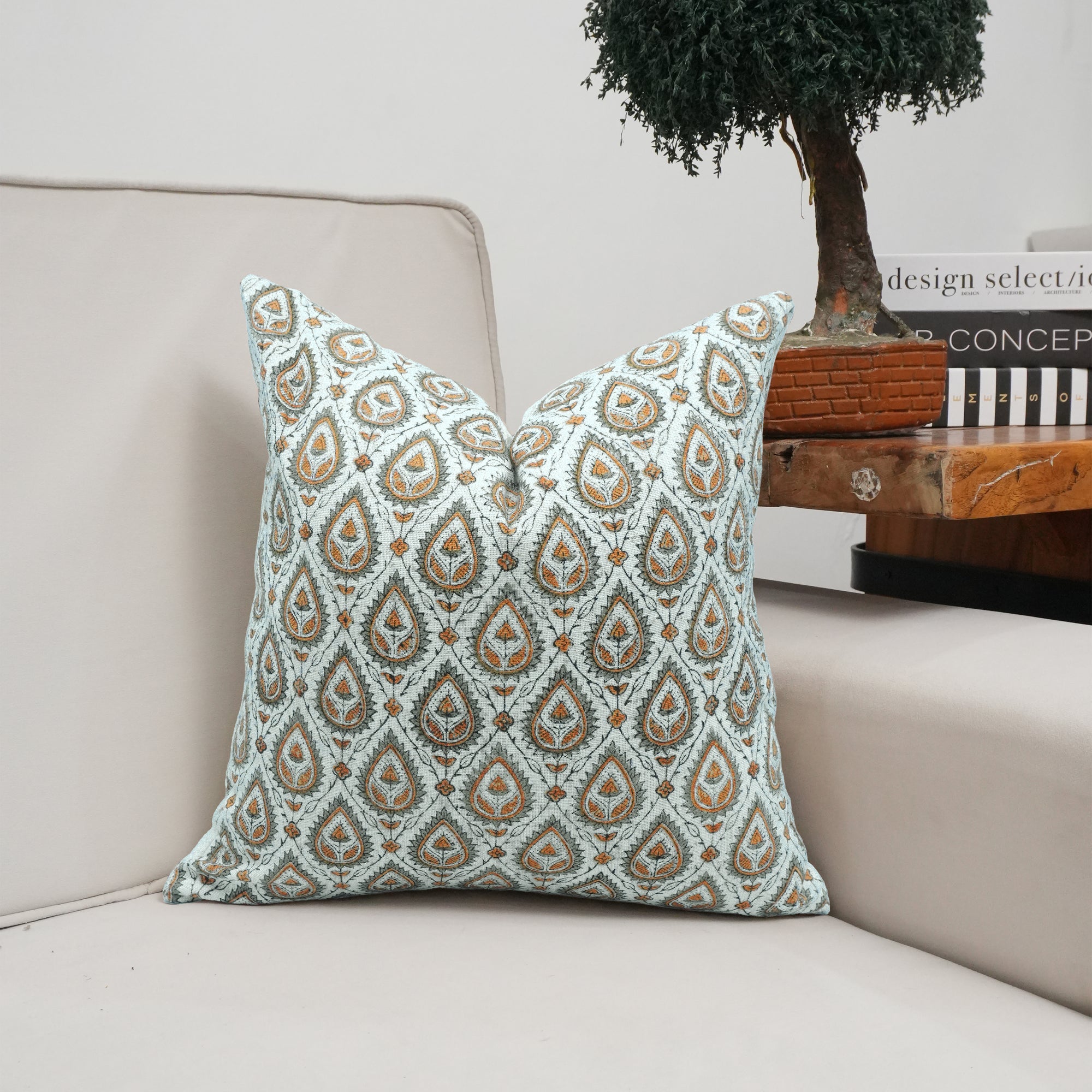 Handmade Viscose Linen Orange Floral Pillow Cover || Paan Pati