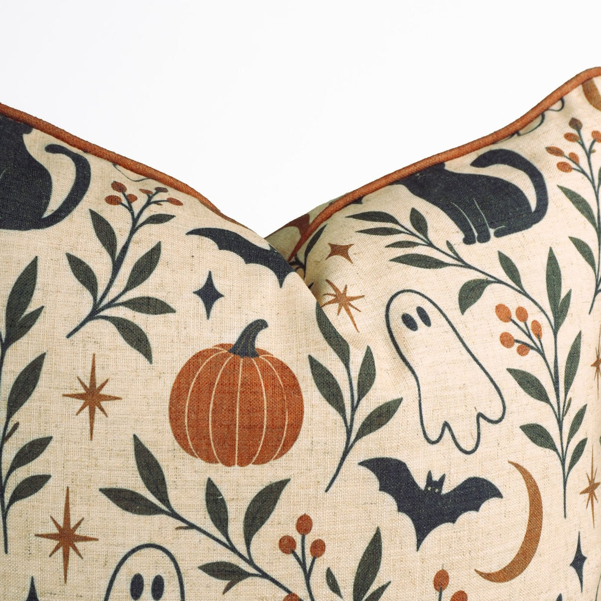 Spooky Cats &amp; Ghosts Halloween Piping Linen Throw Cushion