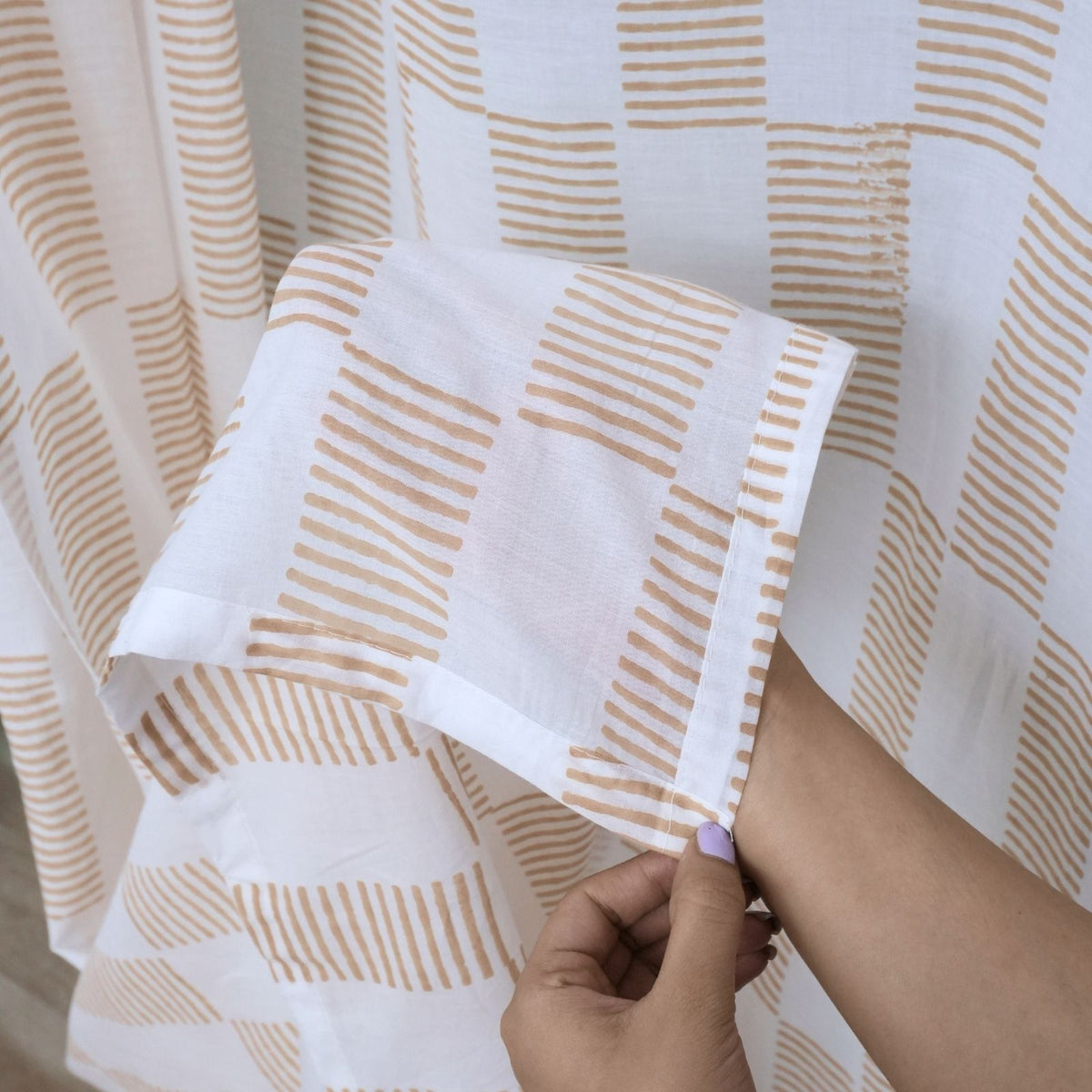 Pure Cotton Hand Block Print Tab Top Curtain - Zig Zag