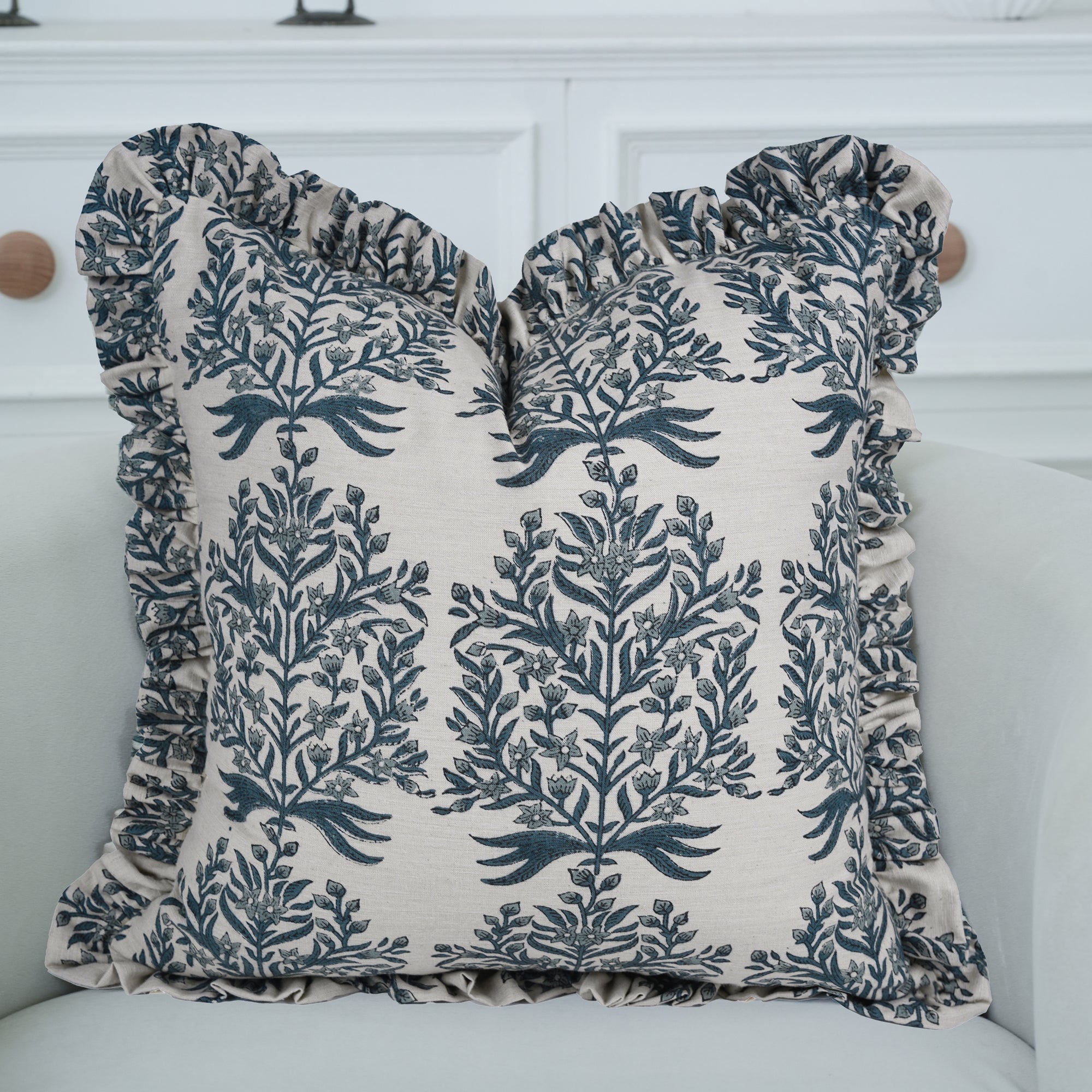 Vrindavan Block Print Frill Pillow Cover on Linen Blend