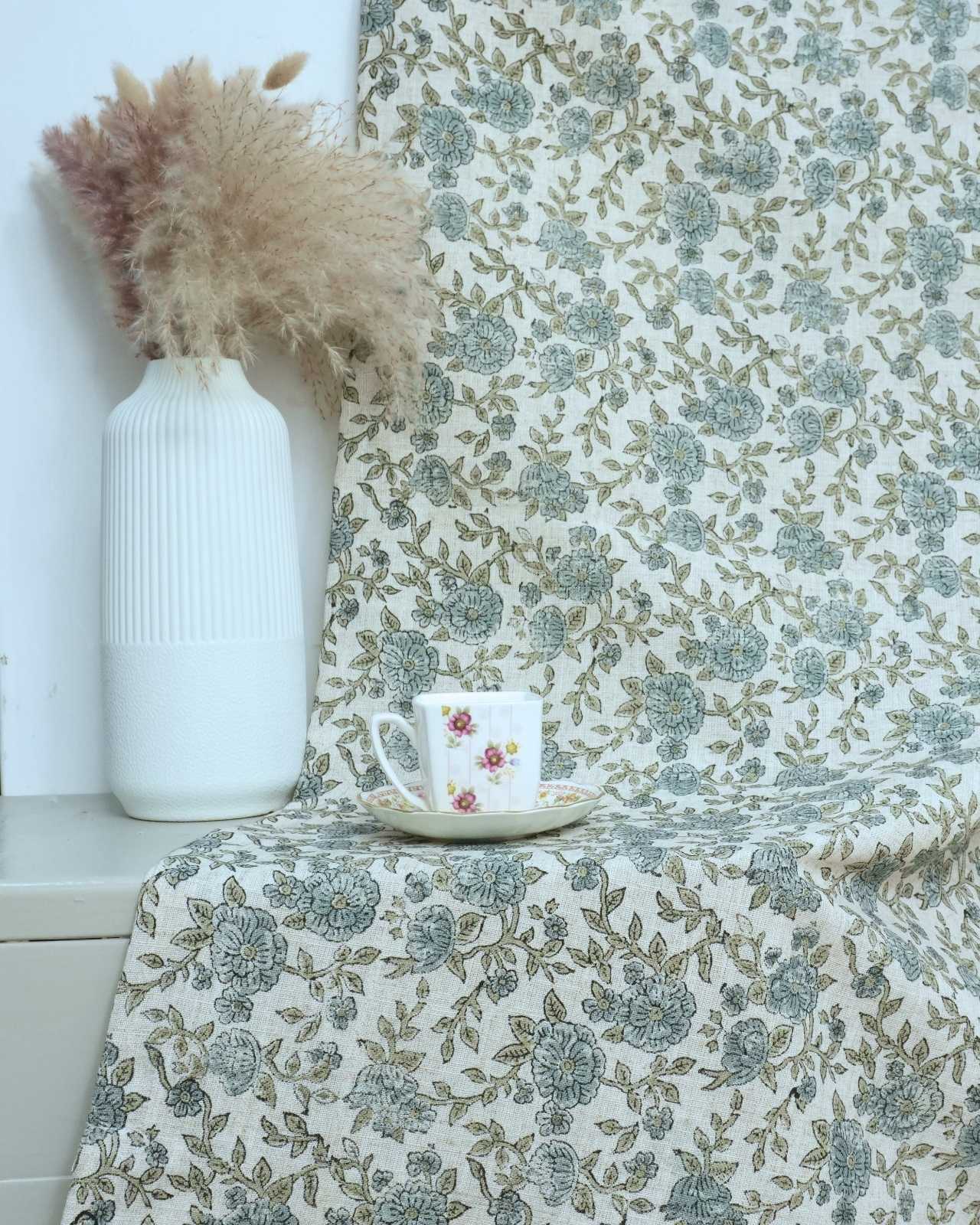 Block Print Gray Floral Heavy Viscose Linen Drapes Curtains - Suman