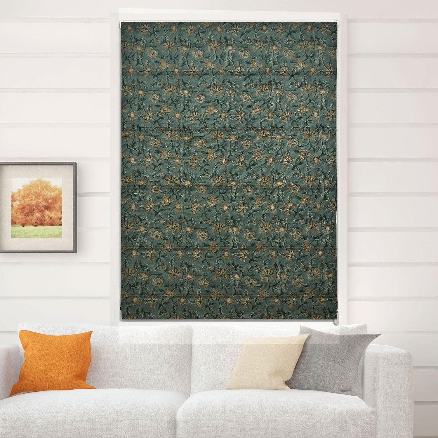 Handmade Thick Linen Block Printed Gray and Brown Floral Custom Window Shades - Naayab