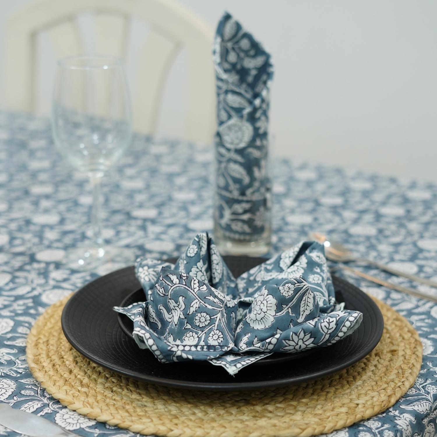 INDIAN HAND BLOCK PRINTED COTTON FLORAL DECORATIVE BOHO TABLE COVER WITH NAPKINS - SHILONG