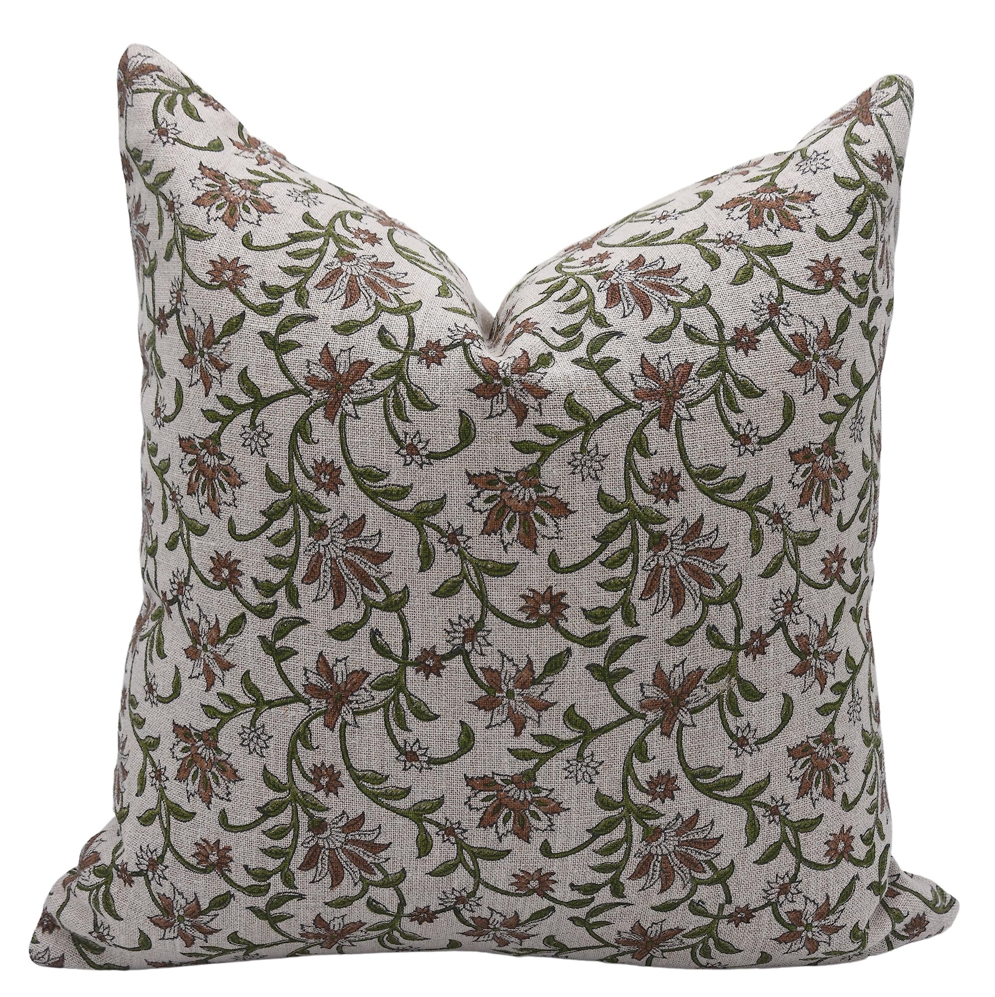 Fabdivine Pillow Covers Artistic Handmade Block Floral Print Thick Linen 14X14 Inch Throw Pillowcase Cushion Cover Decorative for Sofa, Couch, Living Room, Bedroom, Hotels (Aradhana-Green)